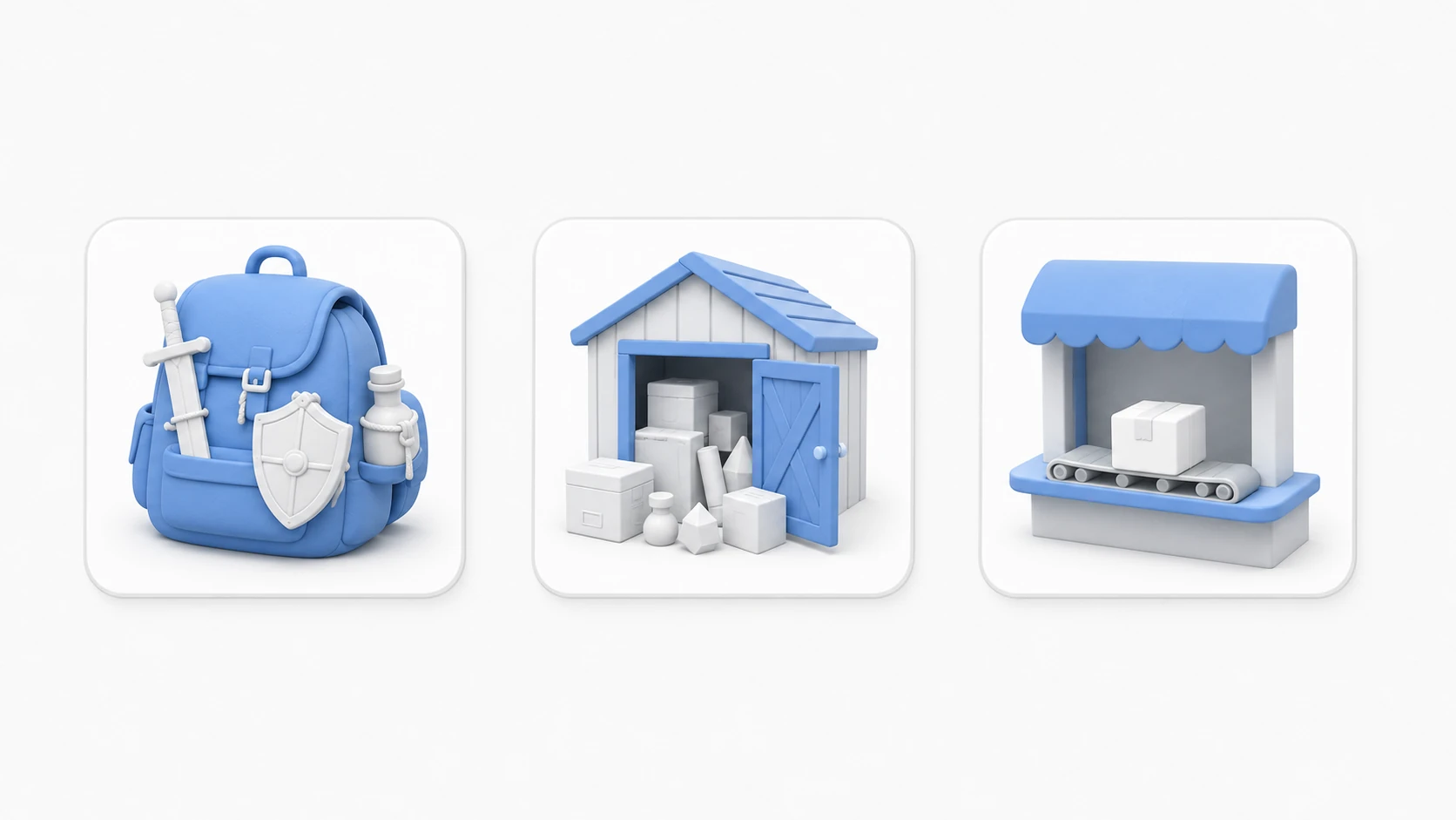 Asset management concept. Three clay warehouses side by side: a small hand-carried bag (direct references), a warehouse stuffed with everything (Resources), and a distribution center that ships and receives items on demand (Addressables)