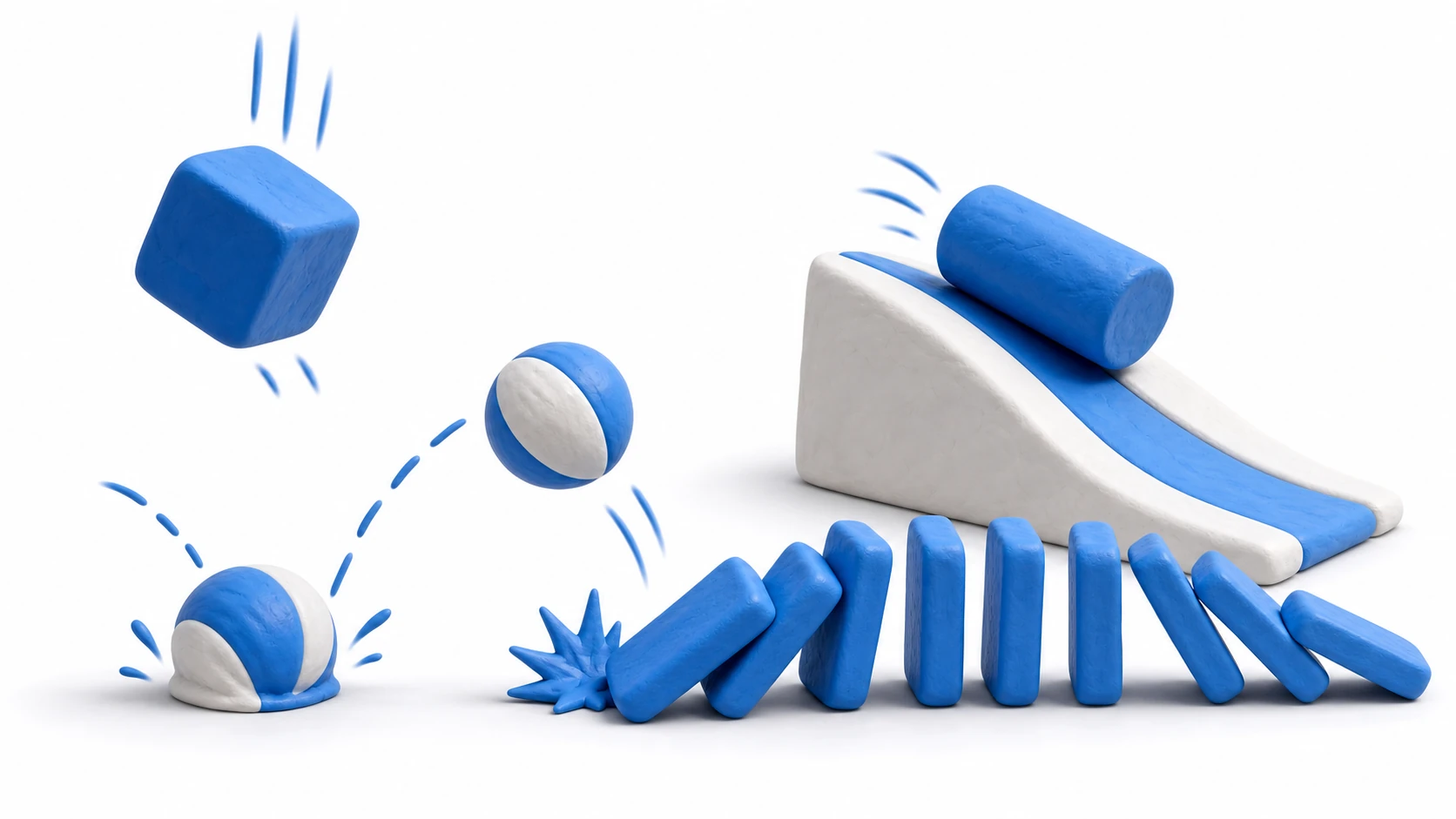 Conceptual image of Rigidbody: in a claymation-style physics world, a box falls, a ball bounces, and dominoes topple from a collision