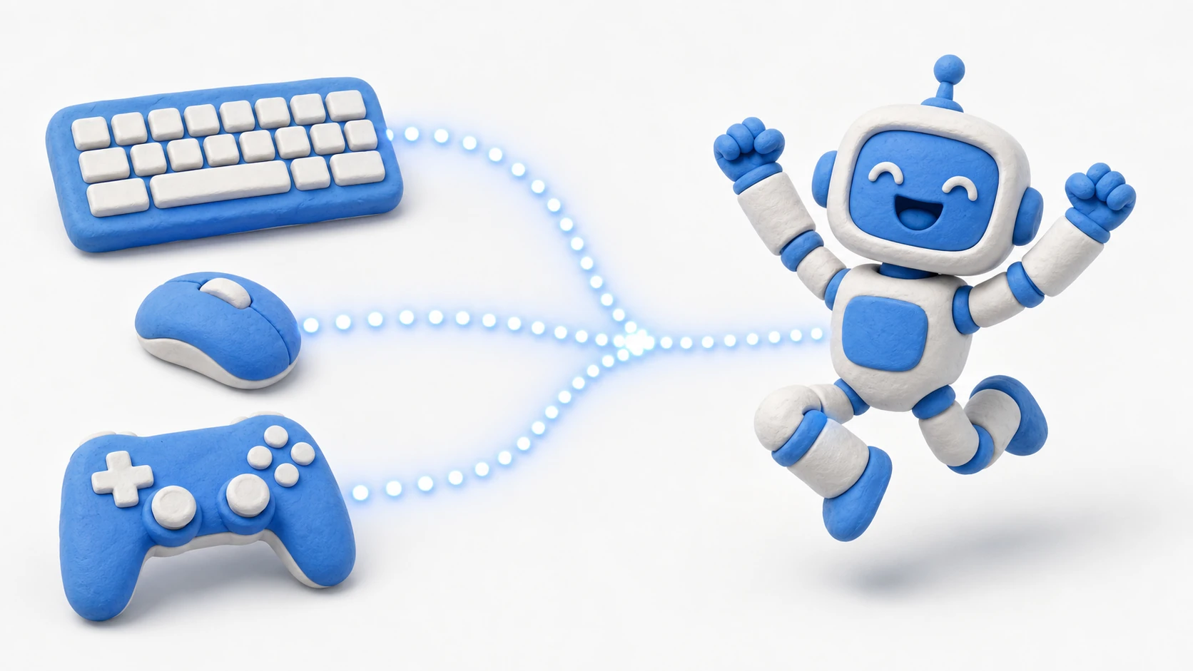 Conceptual image of input handling: signals from a keyboard, mouse, and gamepad flowing into a game character