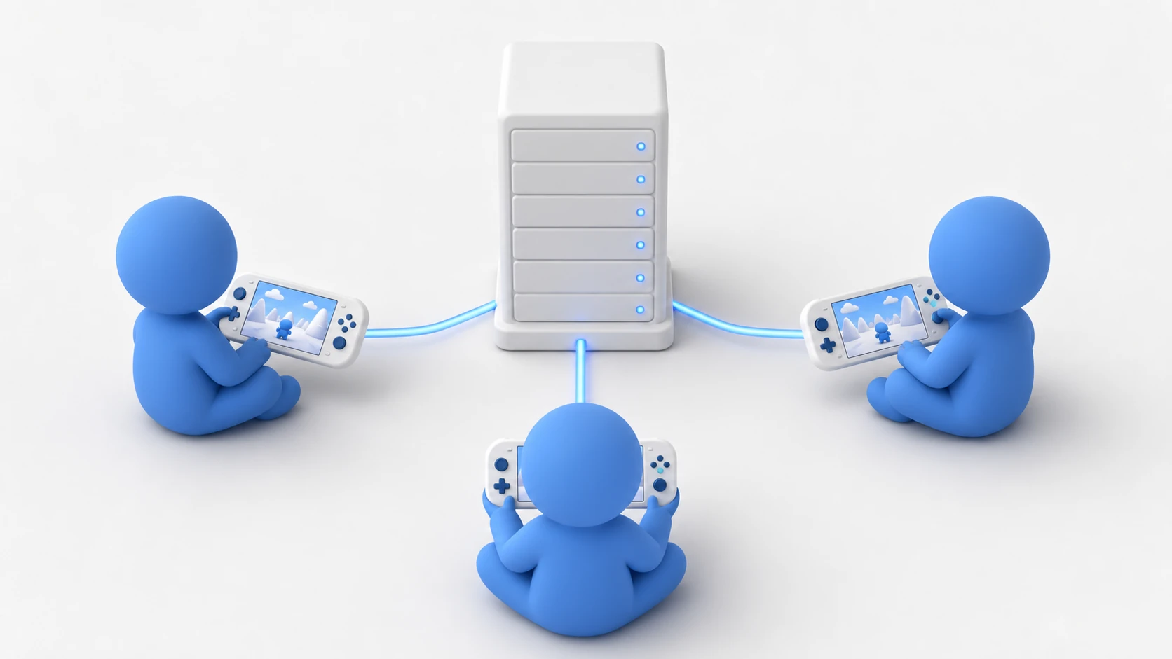 Multiplayer concept image. A central server is connected to each player's device by beams of light, and every screen displays the same game world