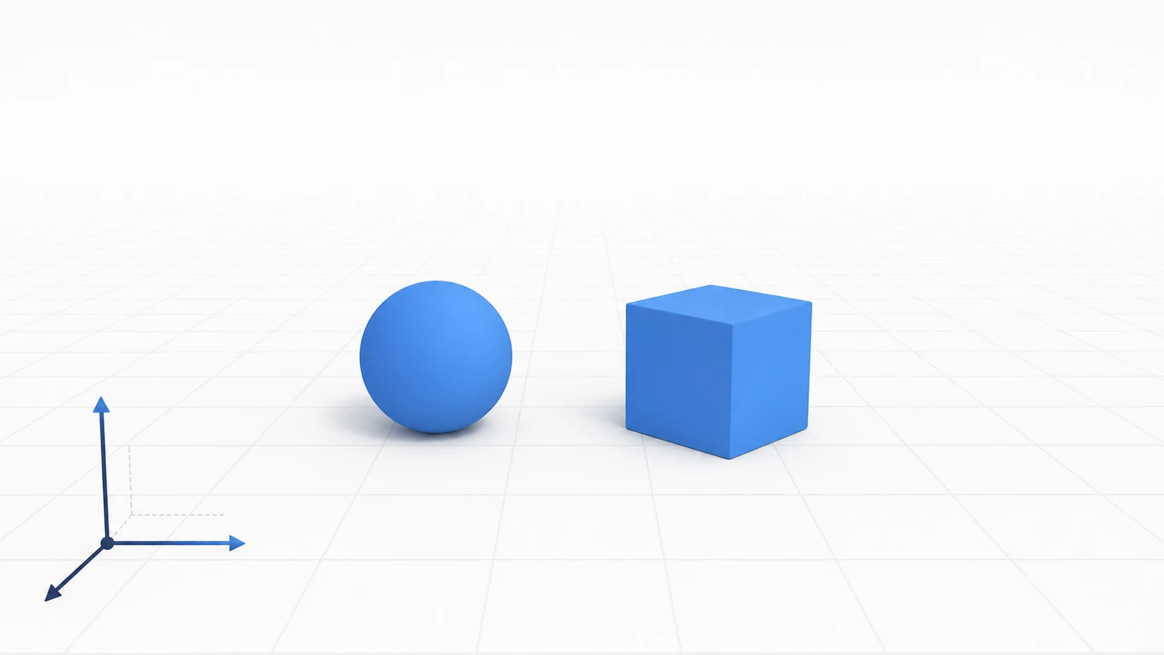 Godotの3D空間のイメージ。グリッドの床の上に、ソフトブルーの球体と立方体が置かれ、隅に3D座標軸がある