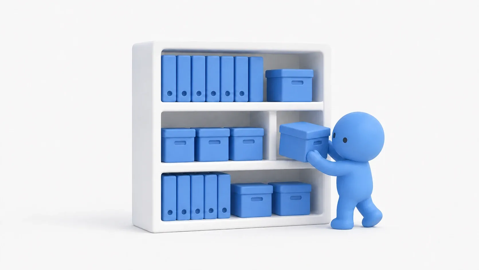 A figure neatly placing asset boxes onto shelves, illustrating asset management