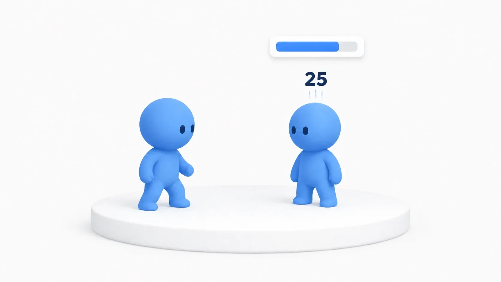An HP bar attached above an enemy's head with a "25" floating up on a hit, alongside a soft blue clay figure
