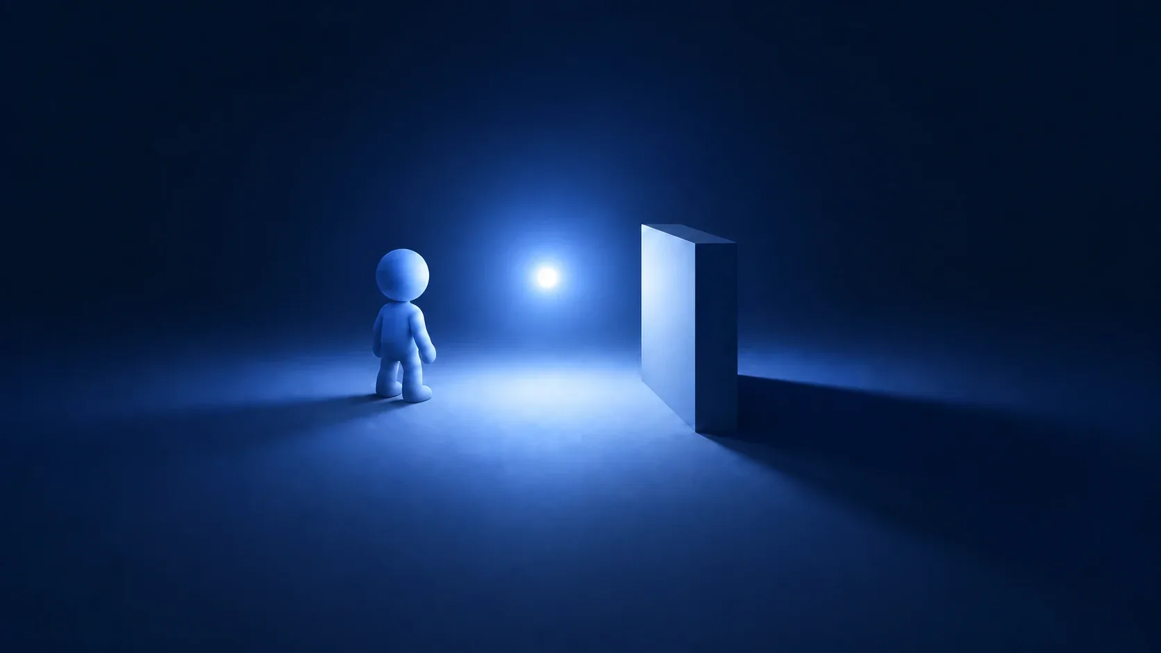 Atmospheric lighting in a dark 2D scene: a point light illuminates a character and a wall, and the wall casts a shadow