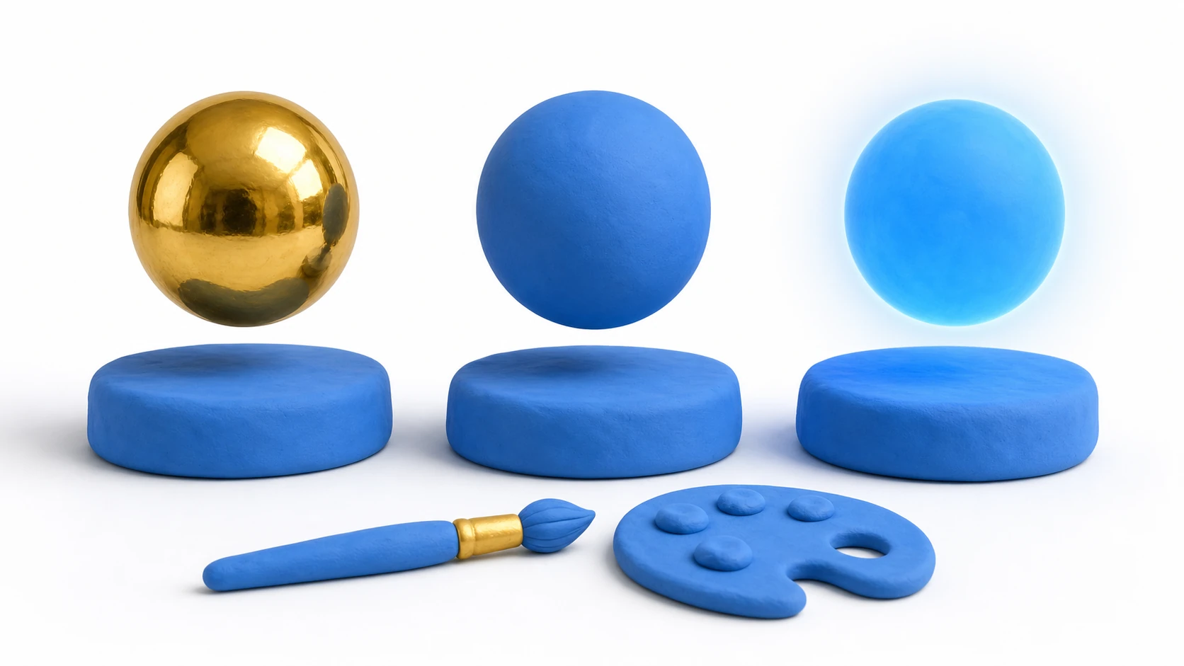 Illustration of the power of materials: three identically shaped spheres side by side with completely different surfaces—metal, plastic, and glowing neon