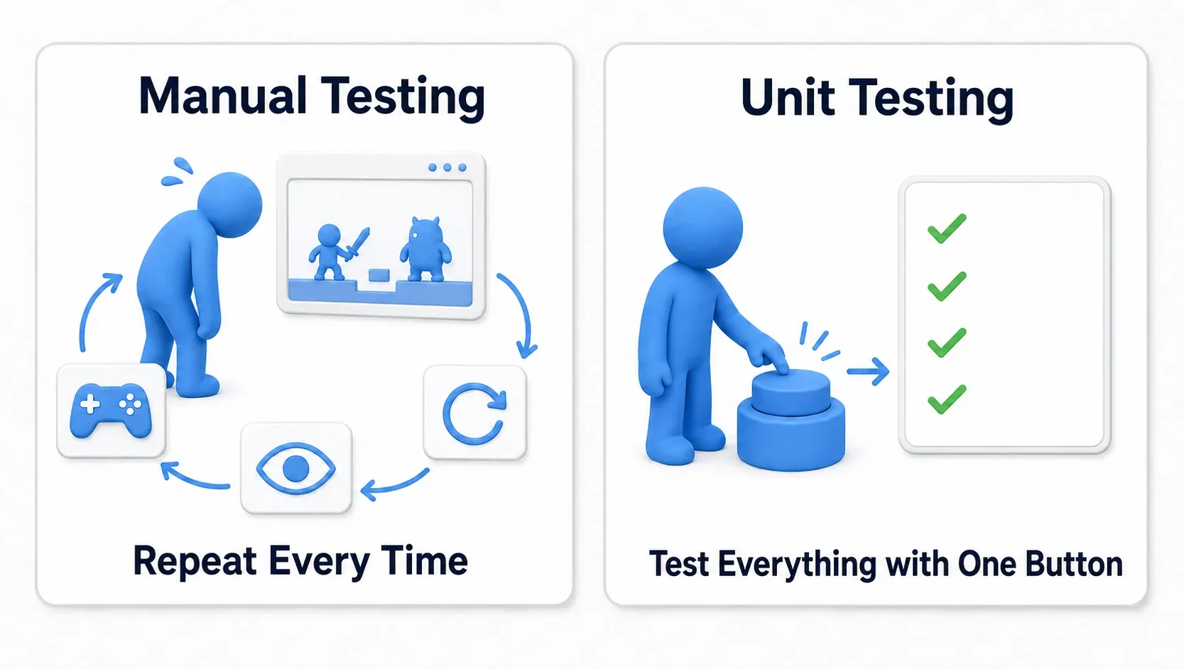 Manual testing versus unit testing. Manual testing repeats launch, input, and eyeball checks every time, while unit tests verify every case with one button