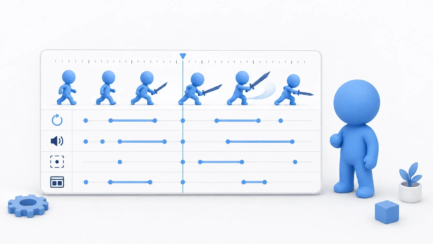 An image of an AnimationPlayer timeline syncing multiple elements such as the character, hitbox, sound, and UI