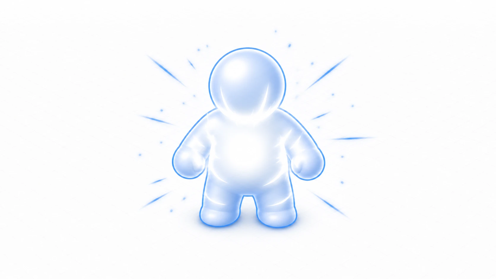 被弾した瞬間に白く光るキャラクターのイメージ。青い粘土マネキンが白く発光し、周囲にインパクトの放射線が広がる
