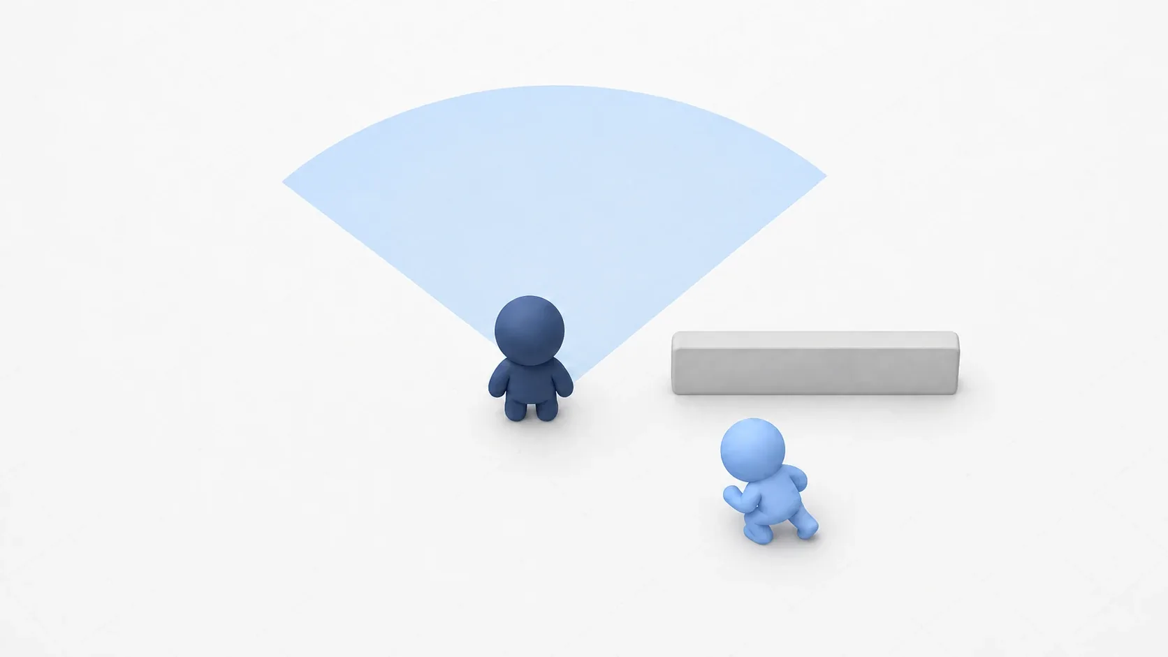 Top-down stealth vision illustration with an enemy projecting a fan-shaped field of view forward and a player crouching behind it, off to the rear