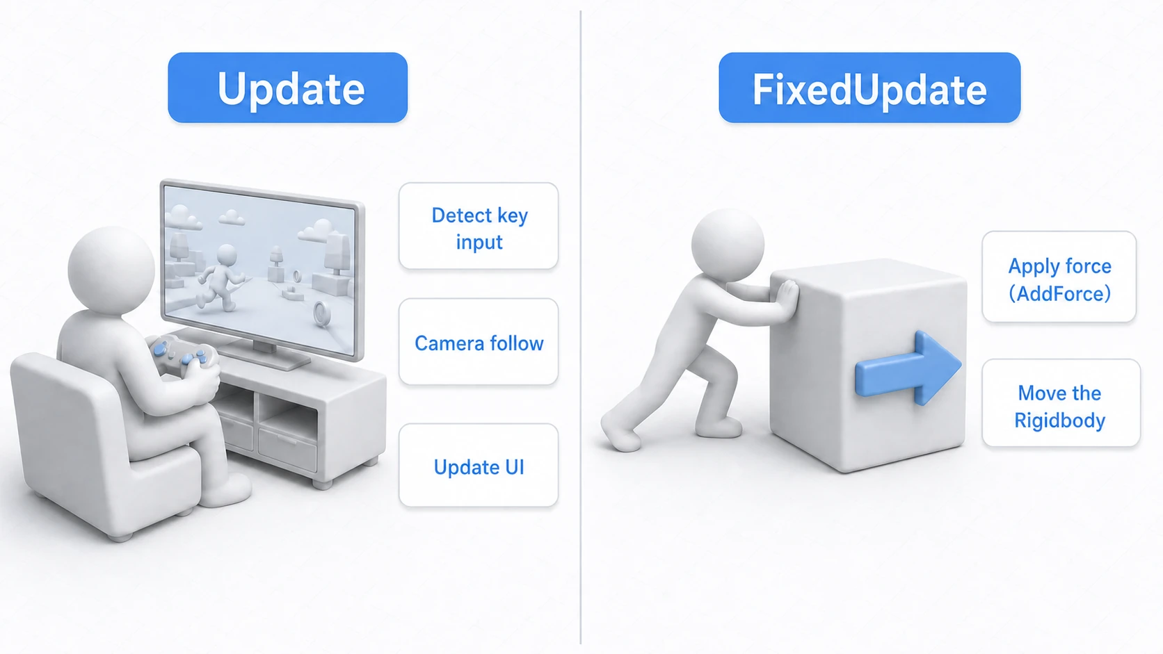 Practical examples of Update vs FixedUpdate: Update handles per-frame work like key input detection, camera follow, and UI updates, while FixedUpdate handles Rigidbody physics like applying forces with AddForce