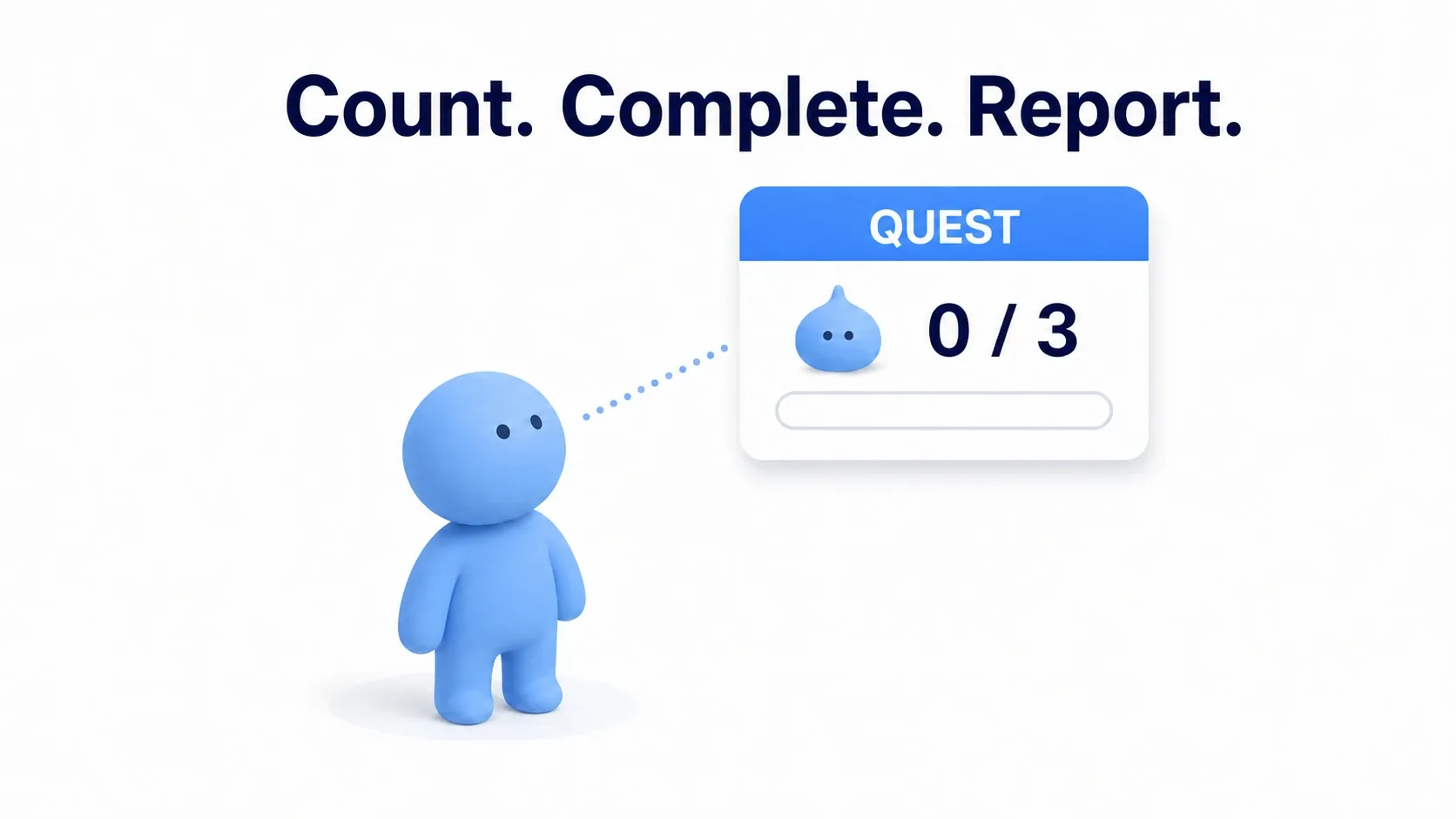 A quest tracker reading "Slime 0/3" alongside a soft blue figure looking up at the objective