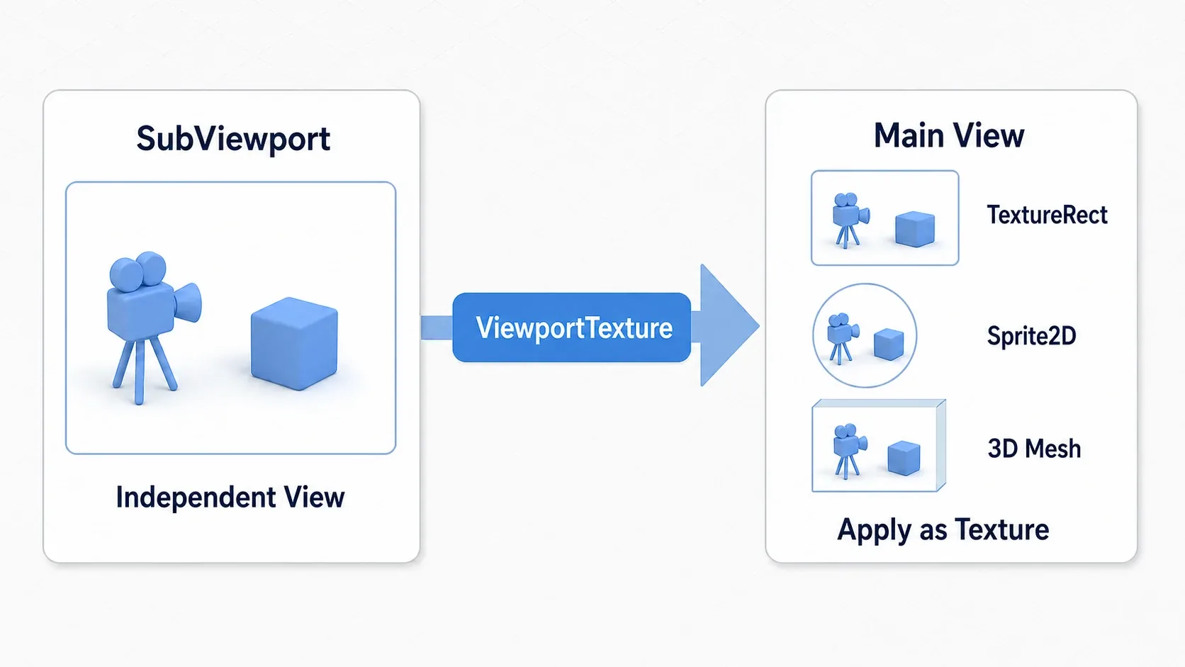A diagram of the flow where a SubViewport (an independent virtual screen showing a camera and a cube) is applied to a TextureRect, a Sprite2D, and a 3D mesh on the main screen via a ViewportTexture