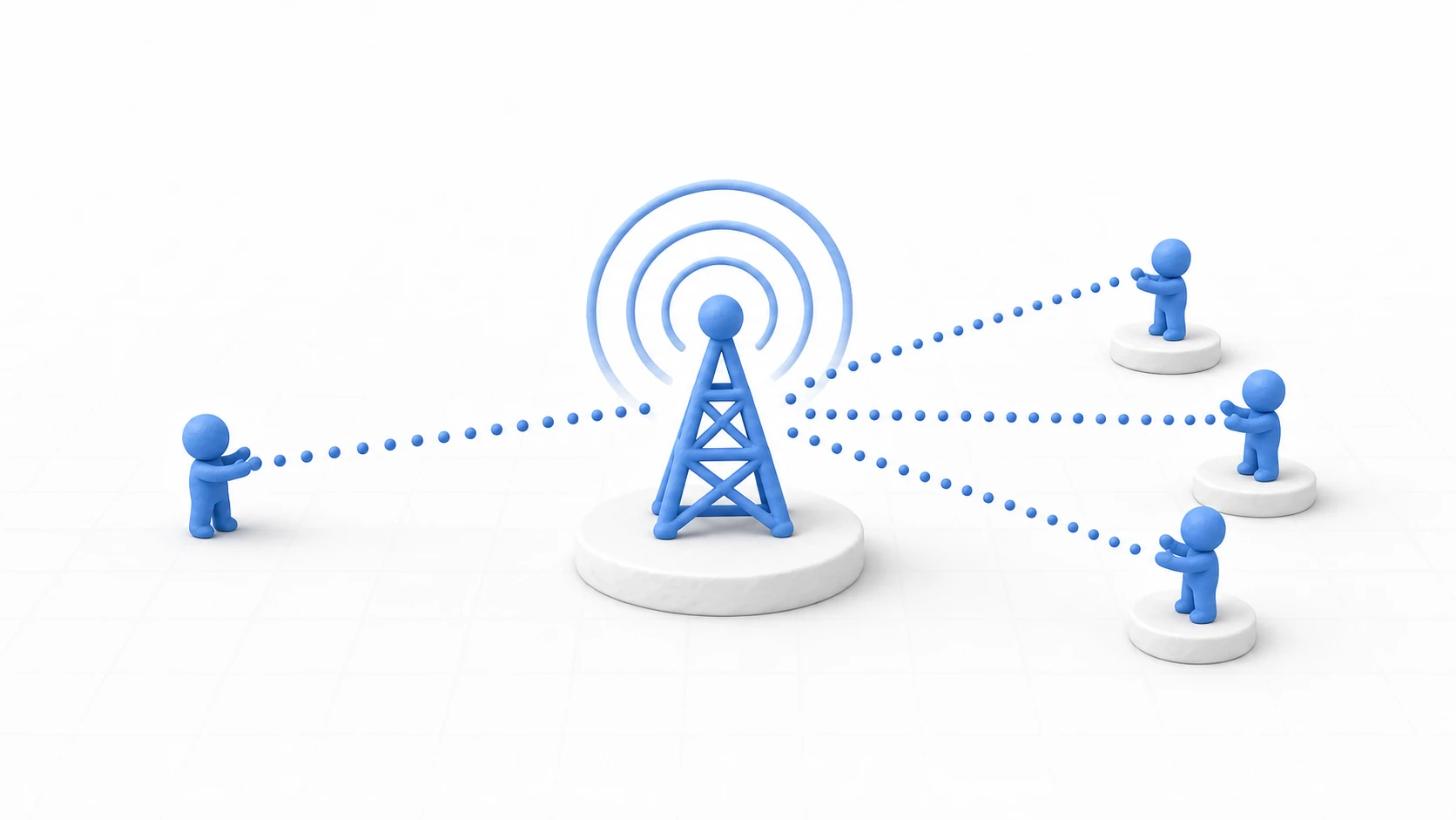 Illustration of an event channel: a relay antenna (the channel) receives the broadcaster's signal and delivers it to multiple receivers