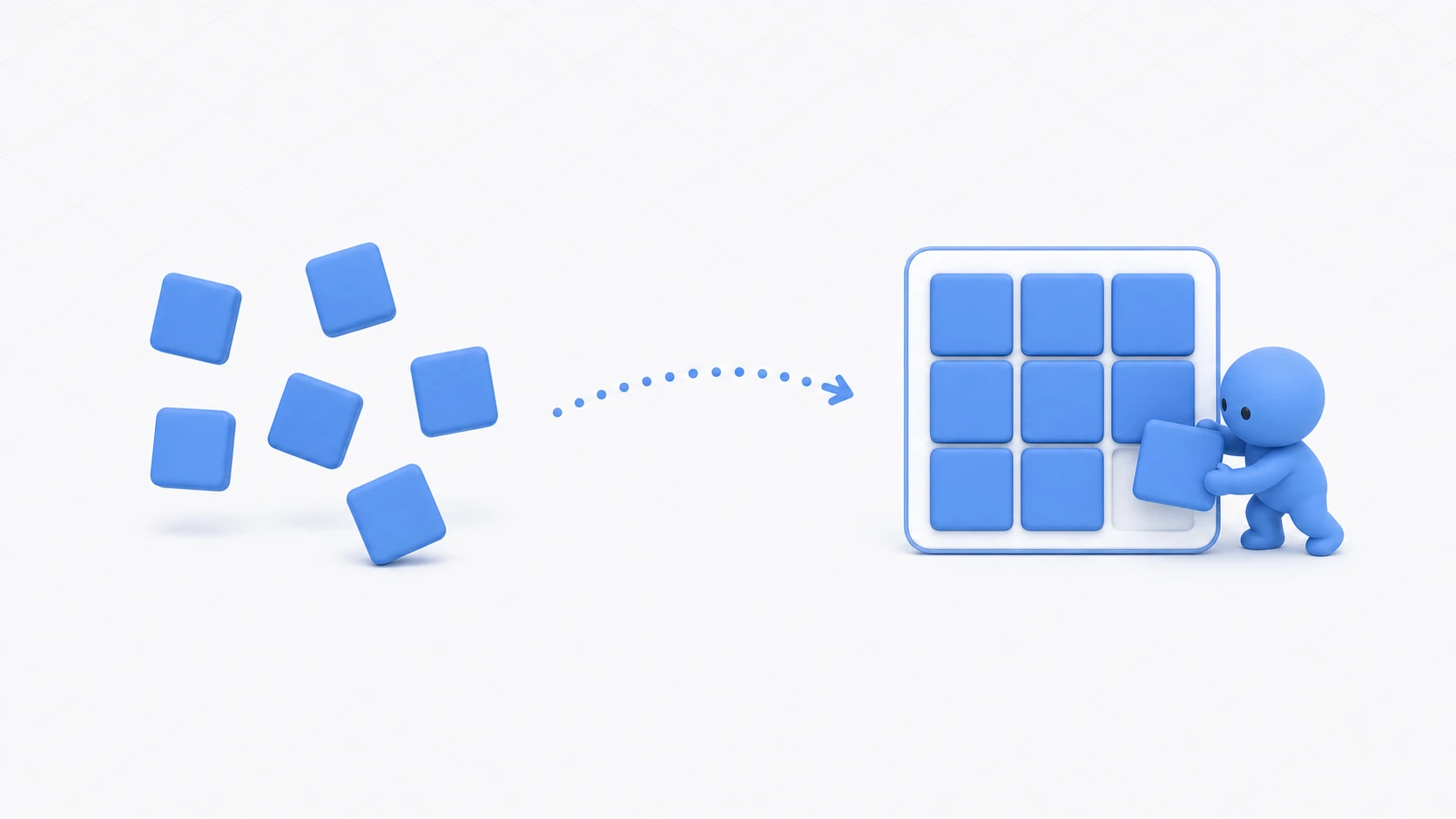 Conceptual image of a Layout Group. Scattered, messy UI tiles auto-align neatly into a grid