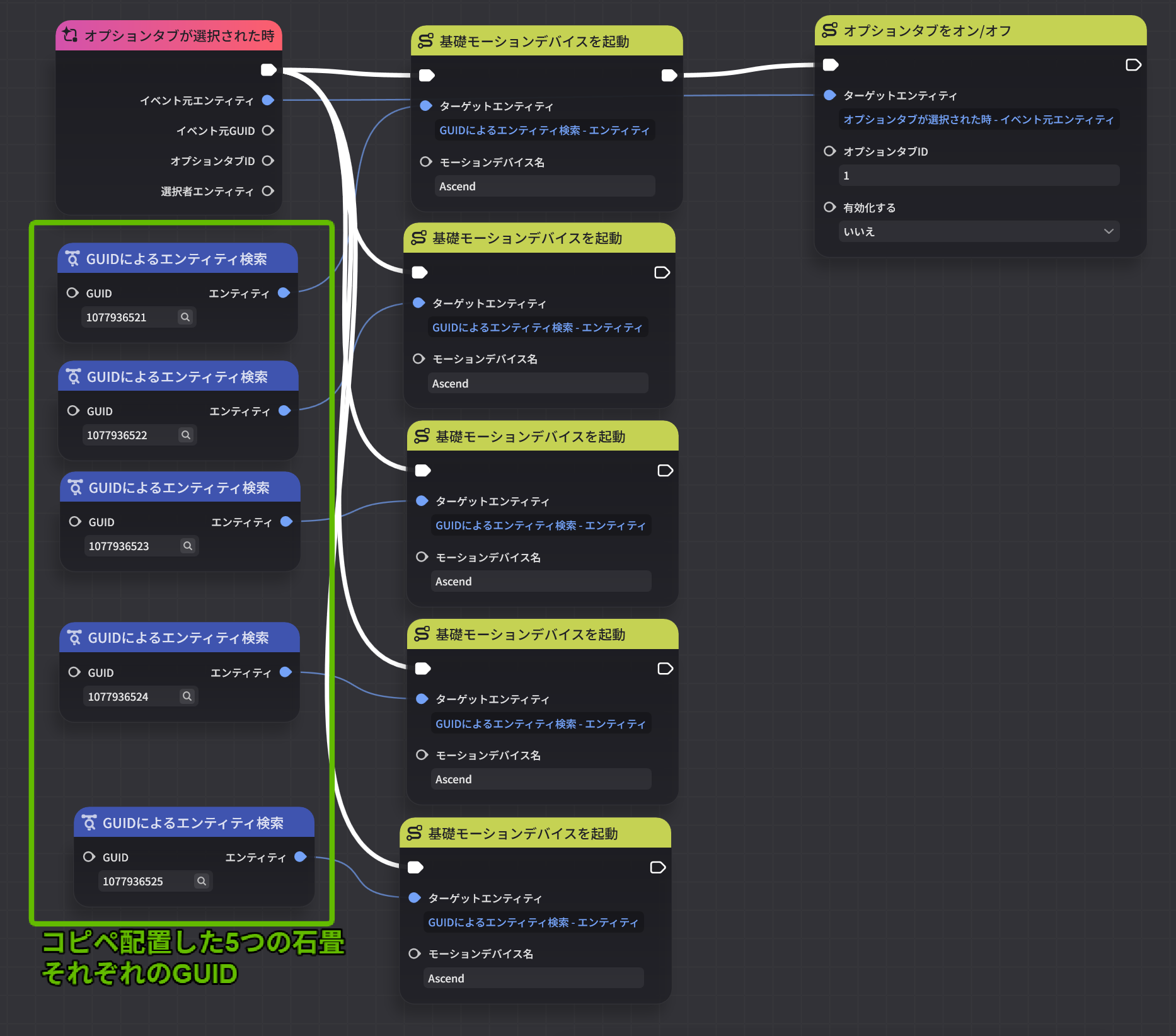 石畳起動（5つの石畳を同時に作動）のノード設定