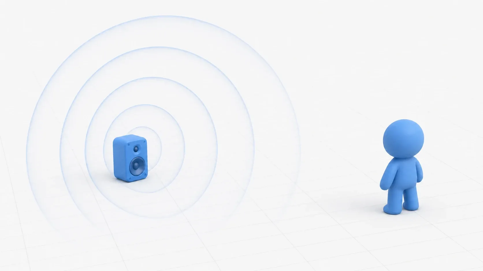 A 3D audio image of sound ripples spreading spherically from a speaker on a 3D grid floor and reaching a listener figure some distance away