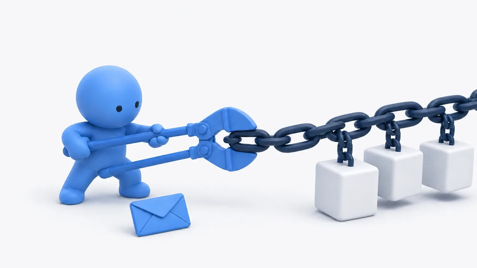 A figure cutting a chain with bolt cutters, with an envelope at their feet, illustrating the move from Cast to Interface