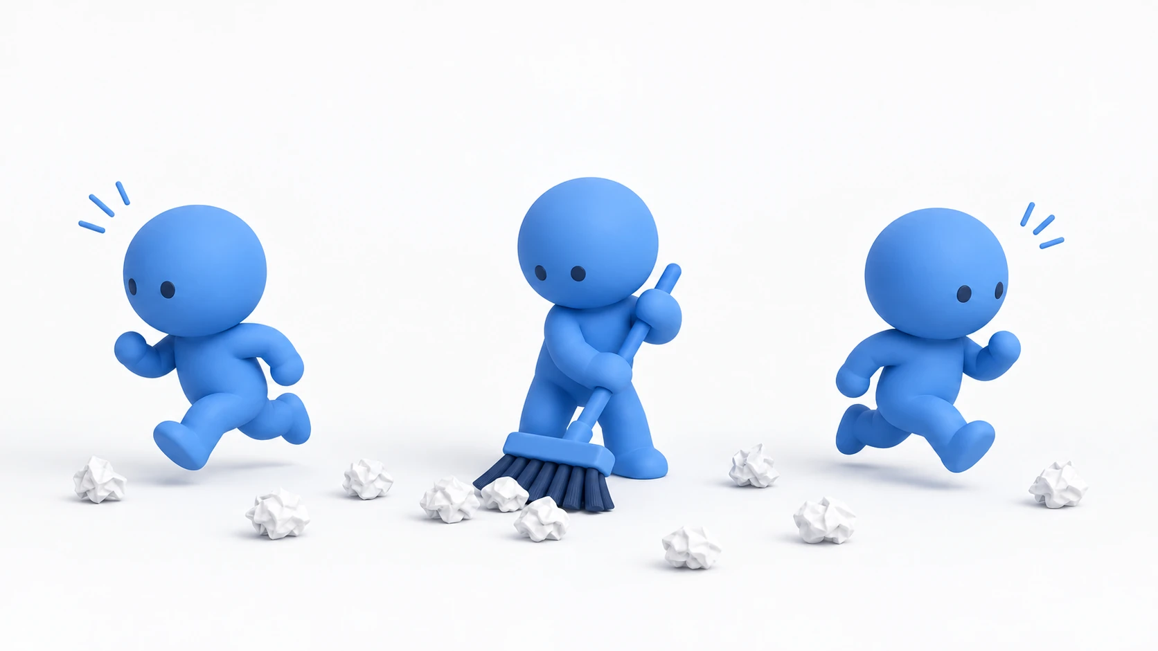 GCのイメージ。青い粘土の人形がほうきで散らかったゴミを片付けている間、走っていたキャラクターたちが台座の上で動きを止めてフリーズしている