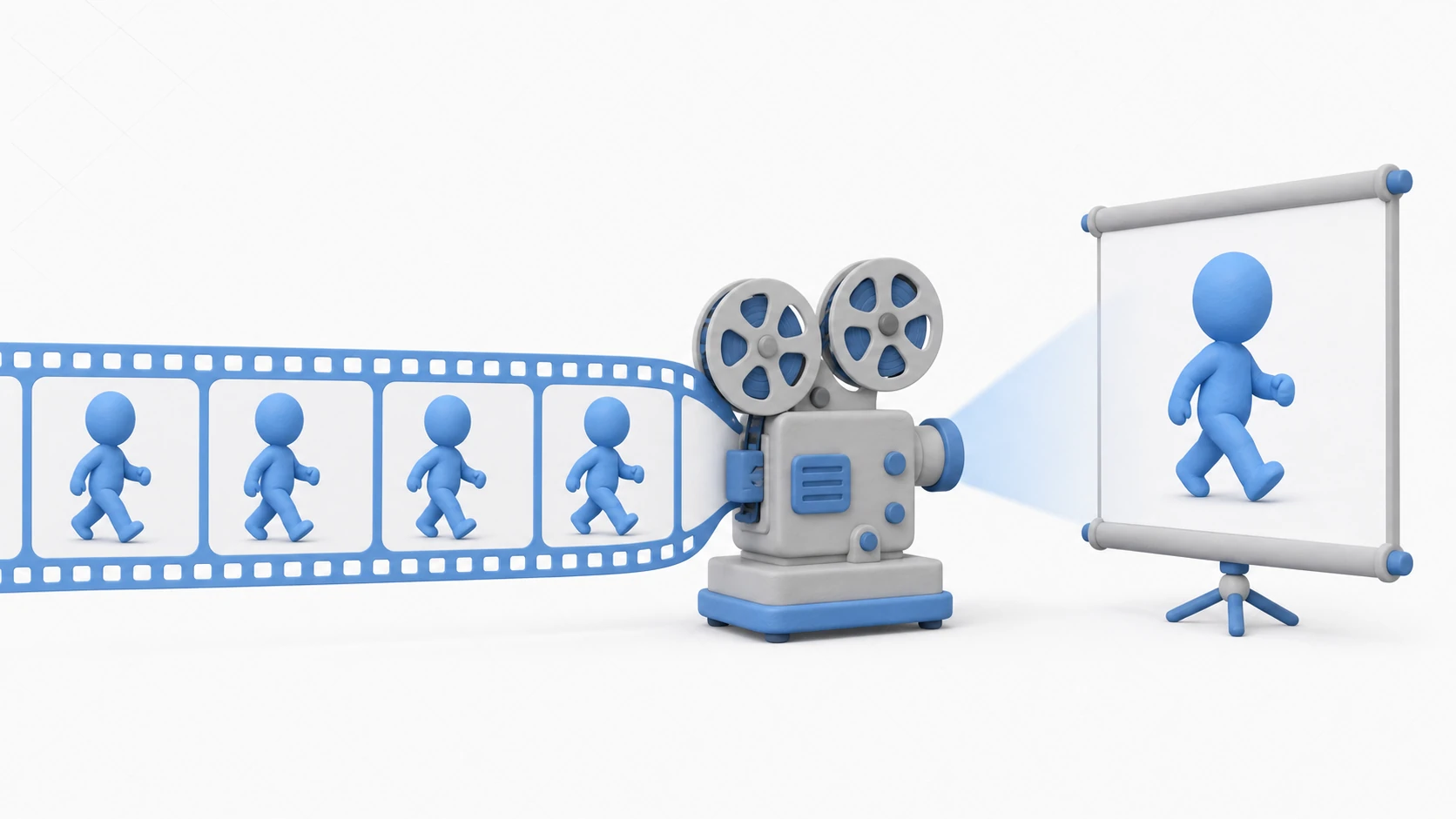 Conceptual image of 2D animation: frames of a clay character become a film strip that comes alive on the game screen through a projector