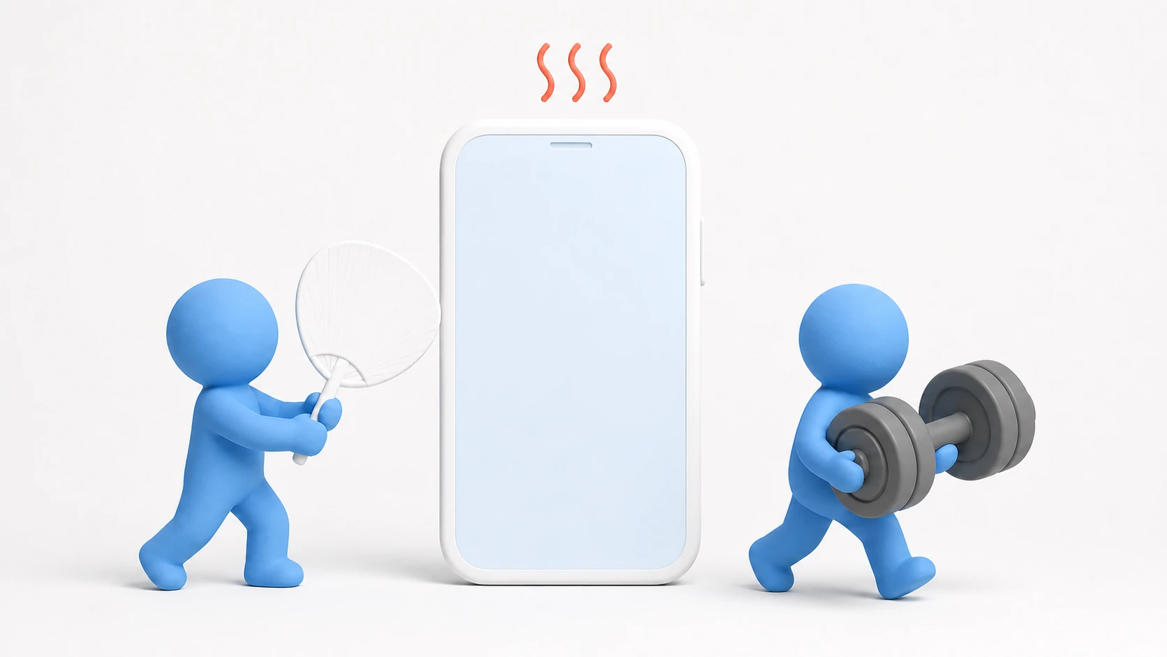 Mobile optimization illustration. A clay smartphone sweats and overheats as its battery drains, while tiny characters help by cooling it down and lightening its load