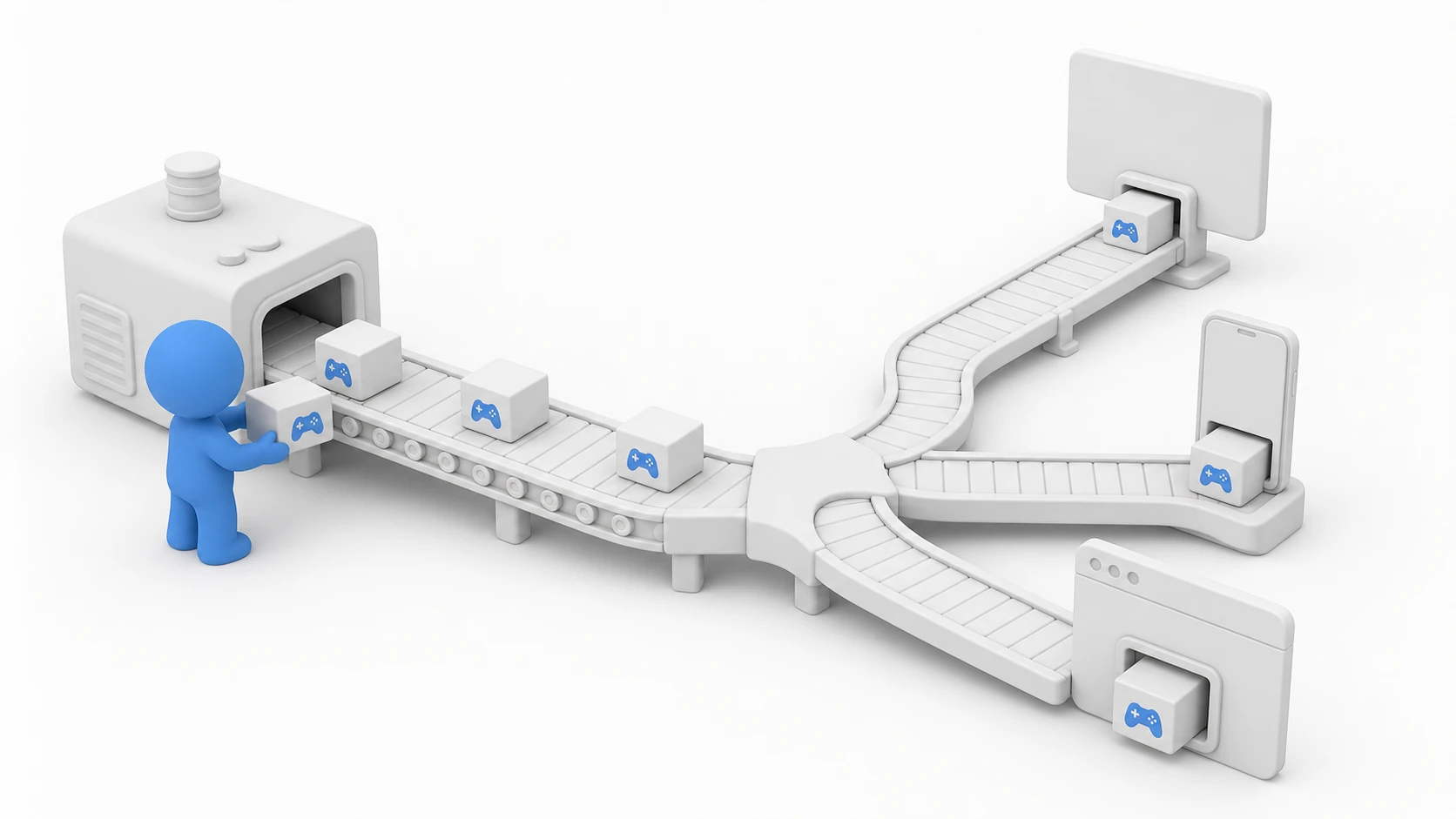 Conceptual illustration of a build: a claymation packing factory where game boxes ride a conveyor belt and get sorted and shipped out to PC, smartphone, and browser destinations