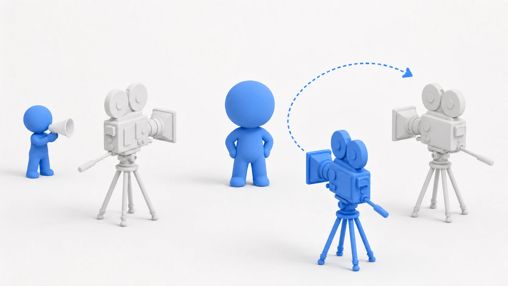 Conceptual image of Cinemachine: of the several cameras surrounding a subject, only one is active at a time, switching smoothly under the director's baton