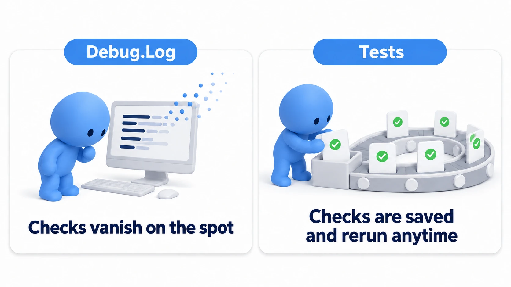 Comparison of Debug.Log checks and tests. A Debug.Log check disappears after one visual confirmation, so nobody notices when a later change breaks things. A test preserves the check as code, automatically re-running on every change and alerting you the moment something breaks