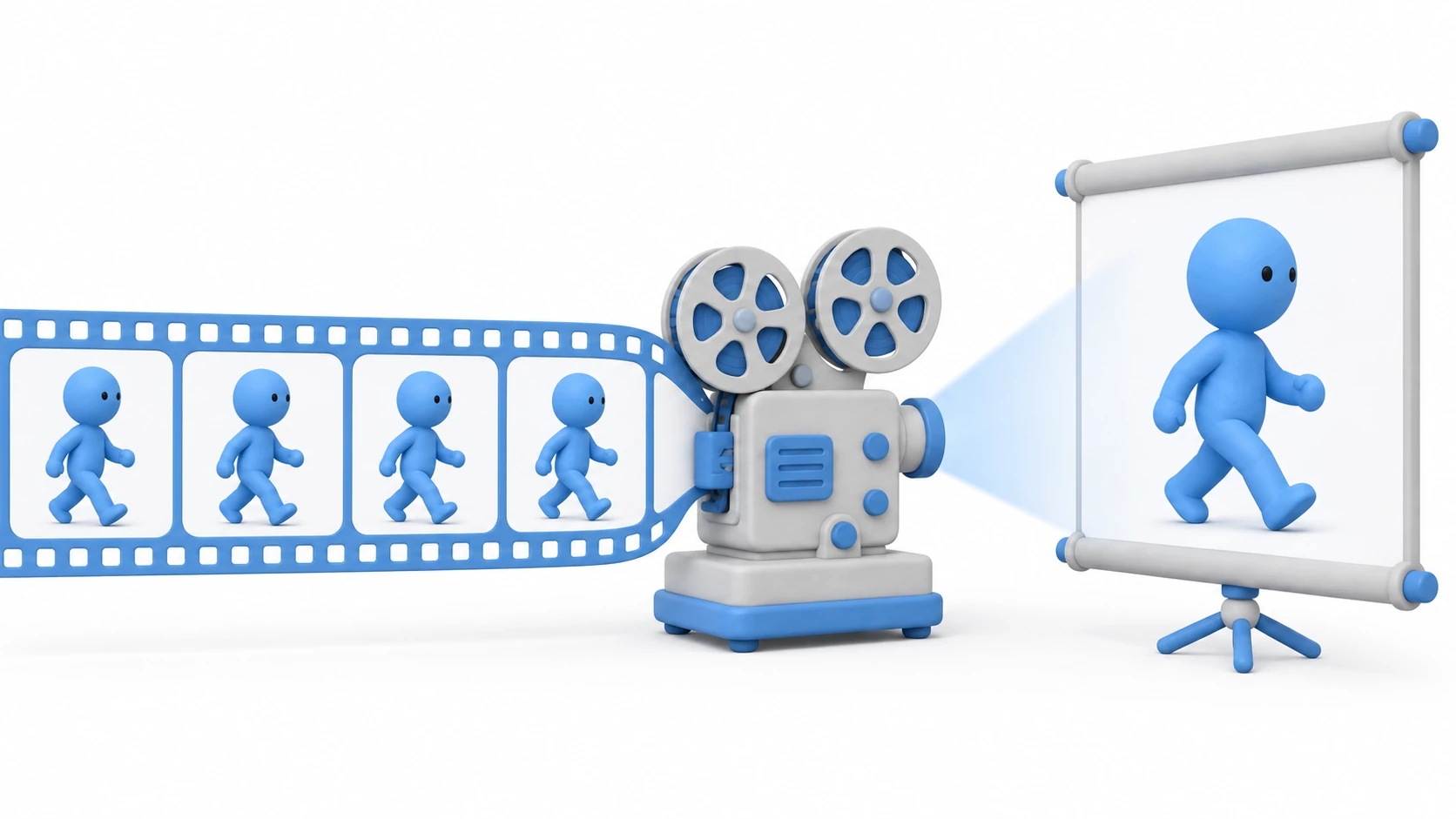 2Dアニメーションのイメージ。粘土のキャラクターのコマ画像がフィルムとなり、映写機を通してゲーム画面で動き出す