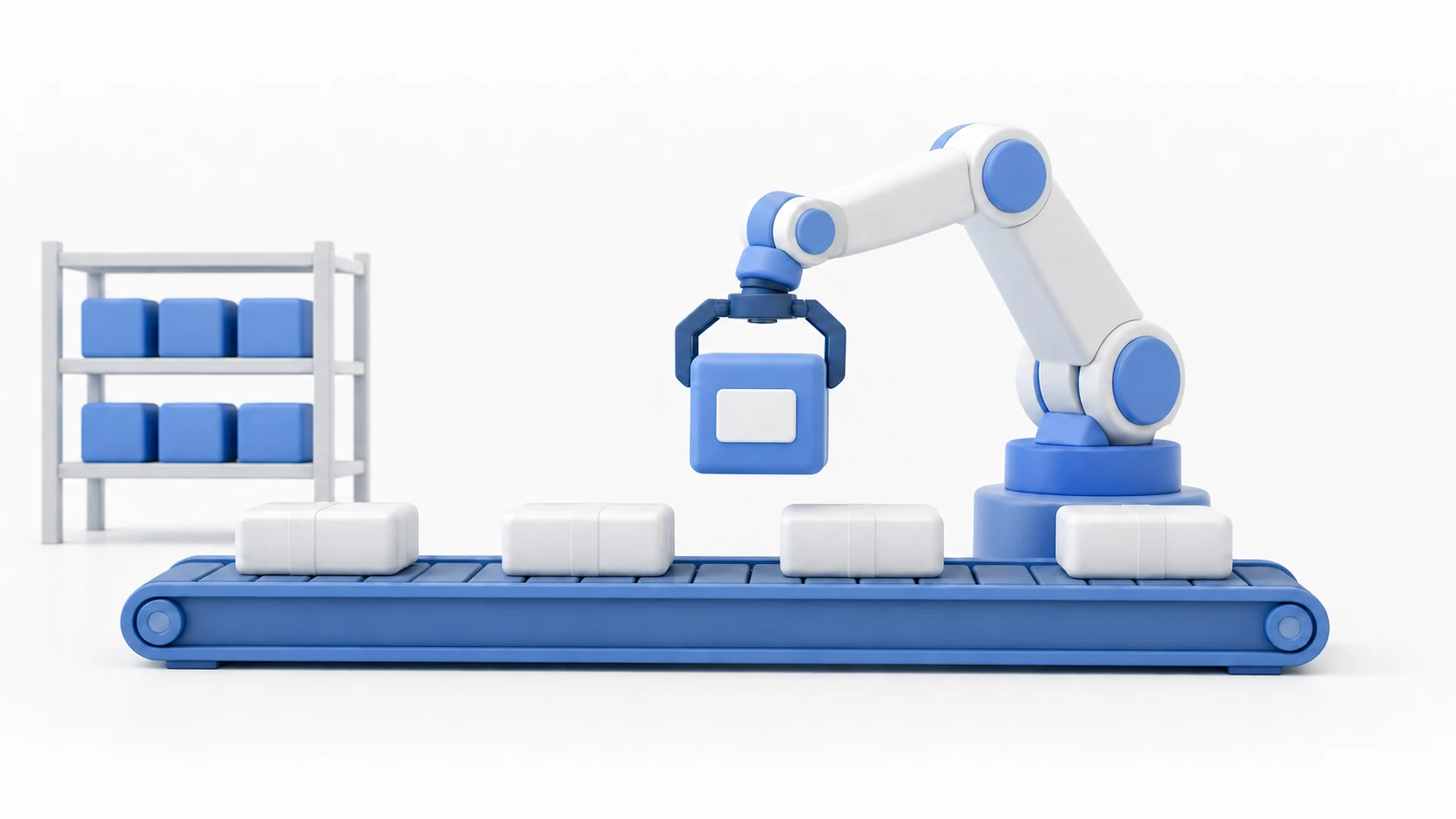 Conceptual image of Addressables: a clay-styled shipping center where parcels with address labels ride a conveyor belt while a robot arm picks out game assets (a sword, a character, a music note)