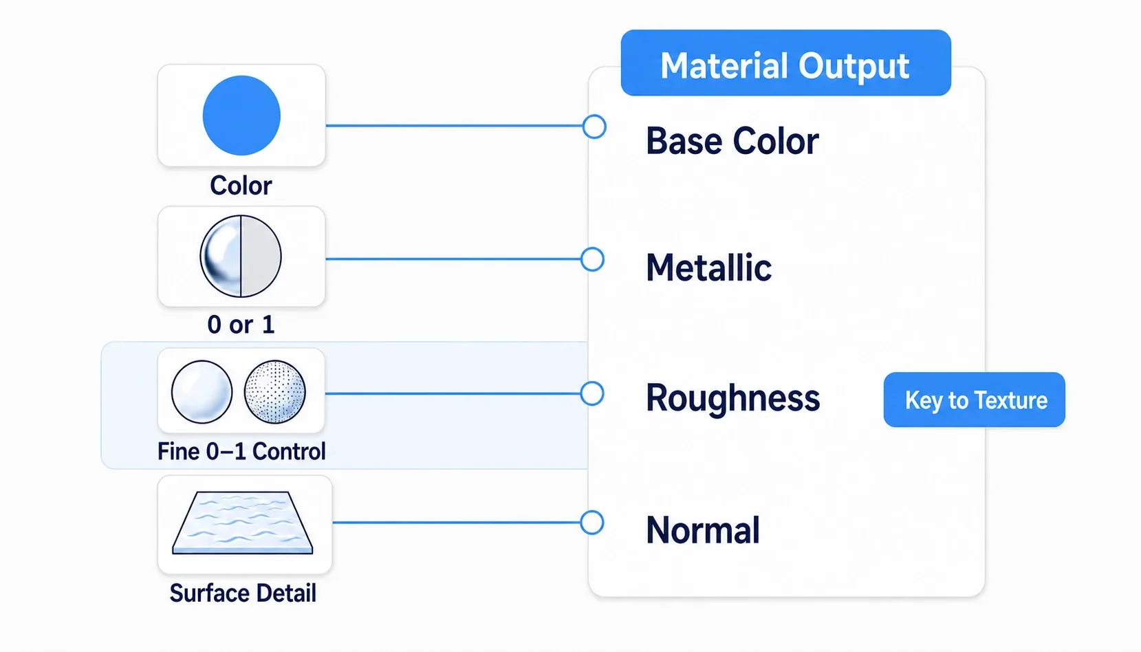Diagram of the four pins Base Color, Metallic, Roughness, and Normal, showing what each one decides