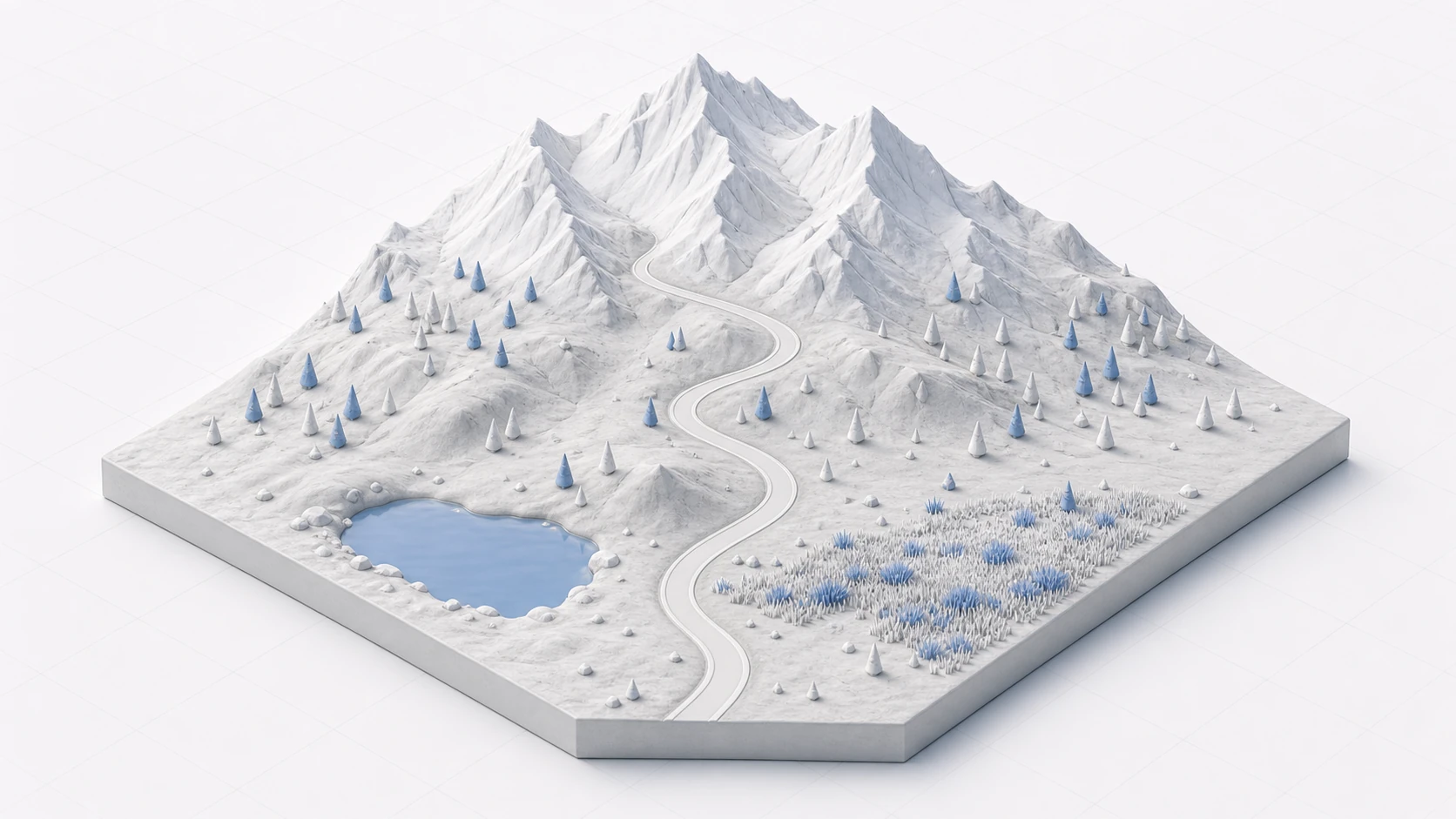 The finished result: a clay-style diorama with a snowy mountain in the back, a winding trail running from the foothill plain up the slope, trees on the hillsides, and a lake and dense grass area at the base