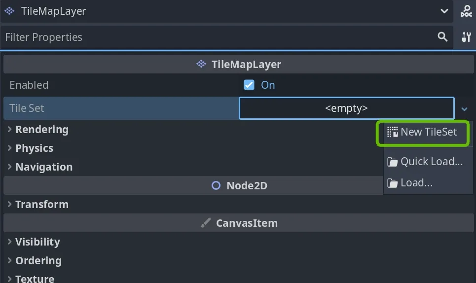 The TileMapLayer Inspector, with New TileSet being chosen from the Tile Set property dropdown