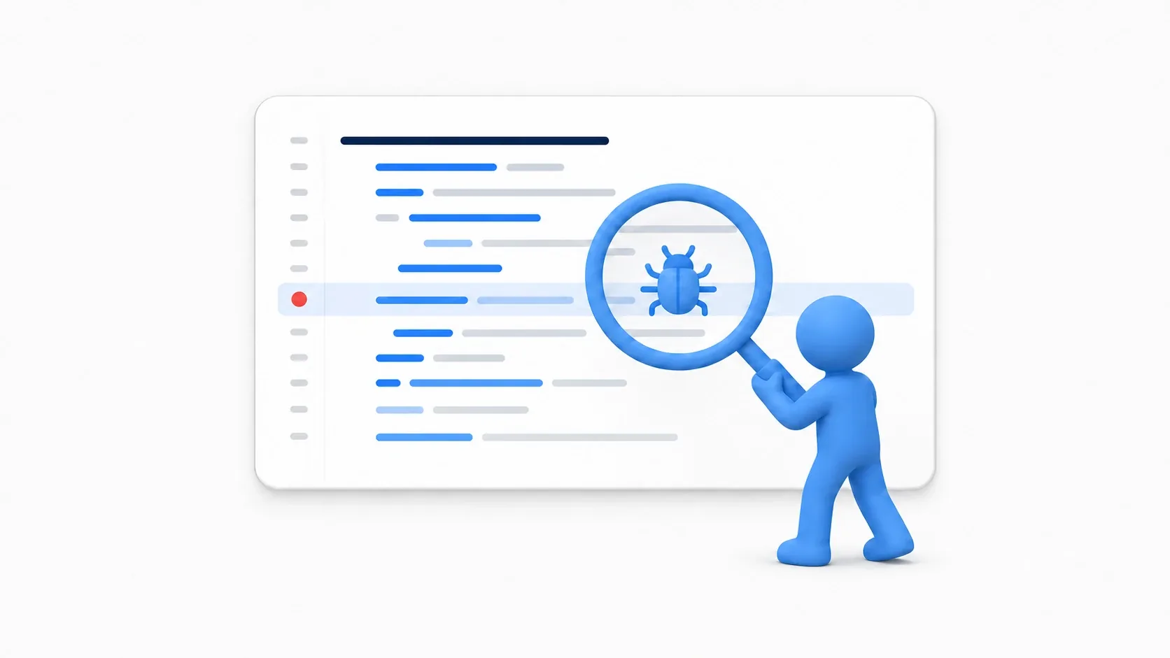 Illustration of debugging, finding a bug hidden inside code with a magnifying glass