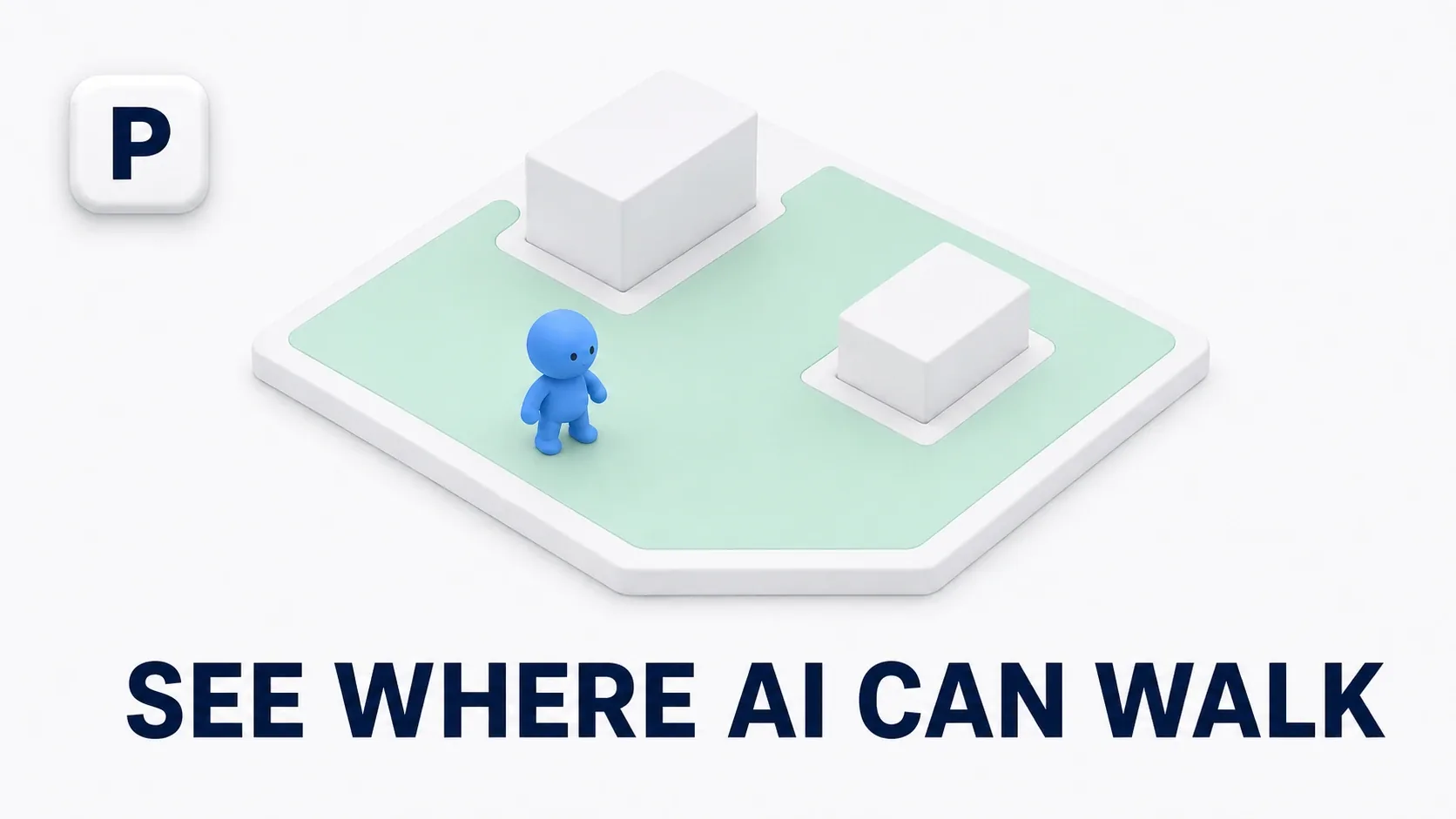 Illustration of a green floor floating above the ground, covering only the area where AI can walk