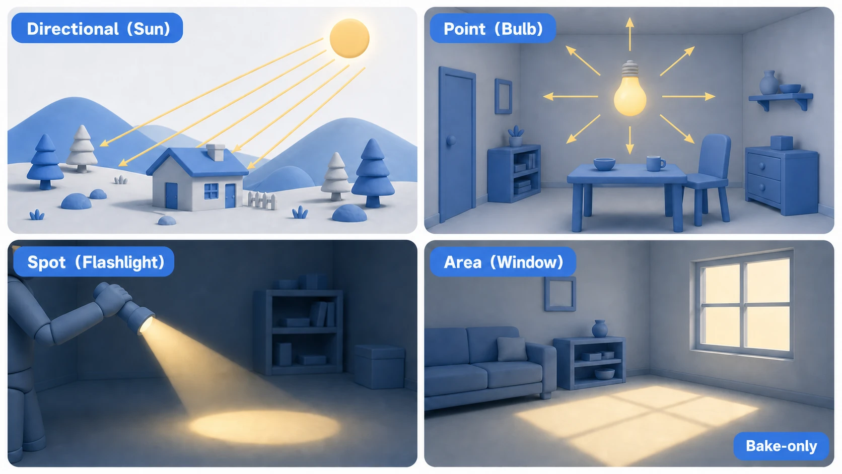 Gallery of the 4 light types. Directional acts as the sun, lighting the whole scene with parallel rays; Point acts as a light bulb radiating in all directions; Spot acts as a flashlight projecting a cone; Area acts as a window emitting soft light from a surface