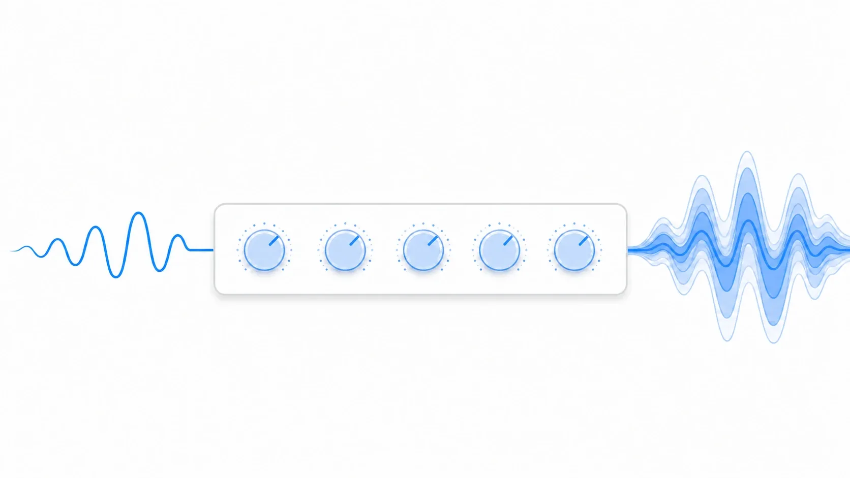 A sound design image of shaping sonic texture per space, where a clean waveform passes through the knobs of an effects rack and becomes a thicker waveform
