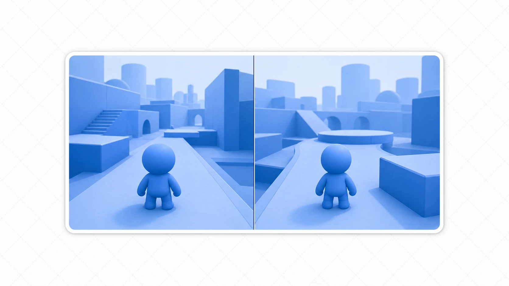 分割画面のイメージ。1つのゲーム世界を、左右2つの画面に分けて、それぞれのプレイヤーを追うカメラで映している