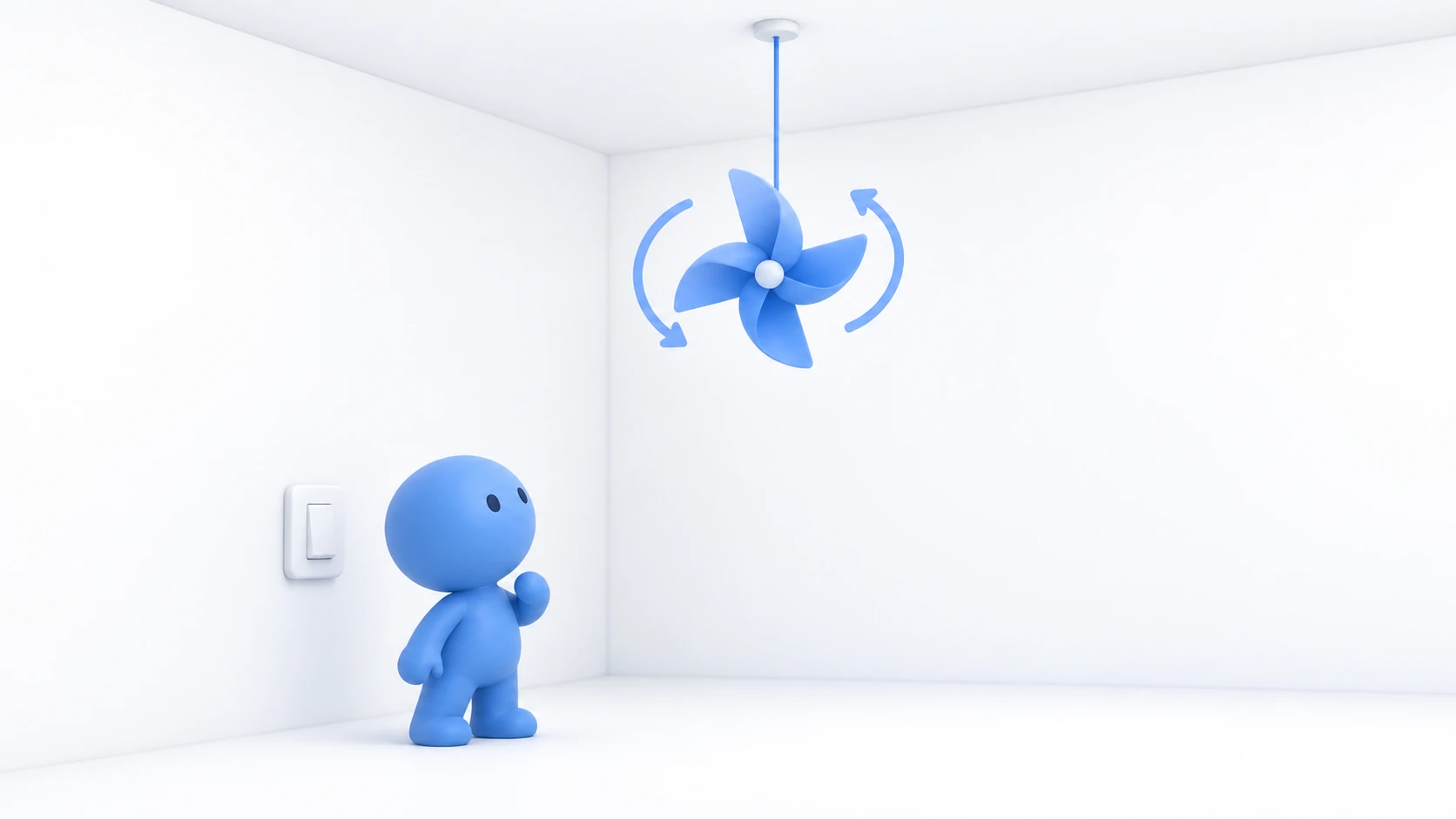 A display hanging from the ceiling spinning, with a figure and a wall switch below