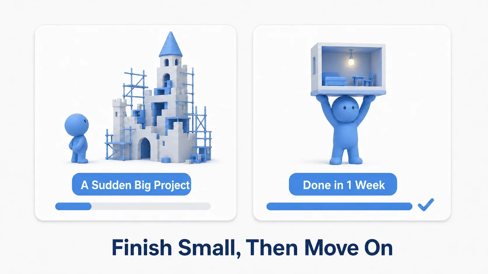 A figure standing frozen while looking up at a huge unfinished castle, next to a figure holding up a small finished room model. Finish something small, then move on
