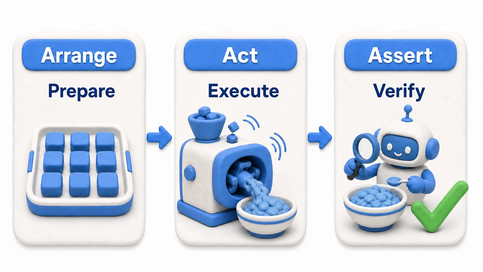Diagram of the AAA pattern: Arrange prepares the ingredients (test data), Act executes the method, and Assert verifies the result matches expectations — three steps