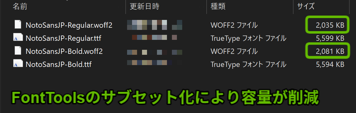 FontToolsでサブセット化した後のフォントファイルサイズ(各約1.5MB)