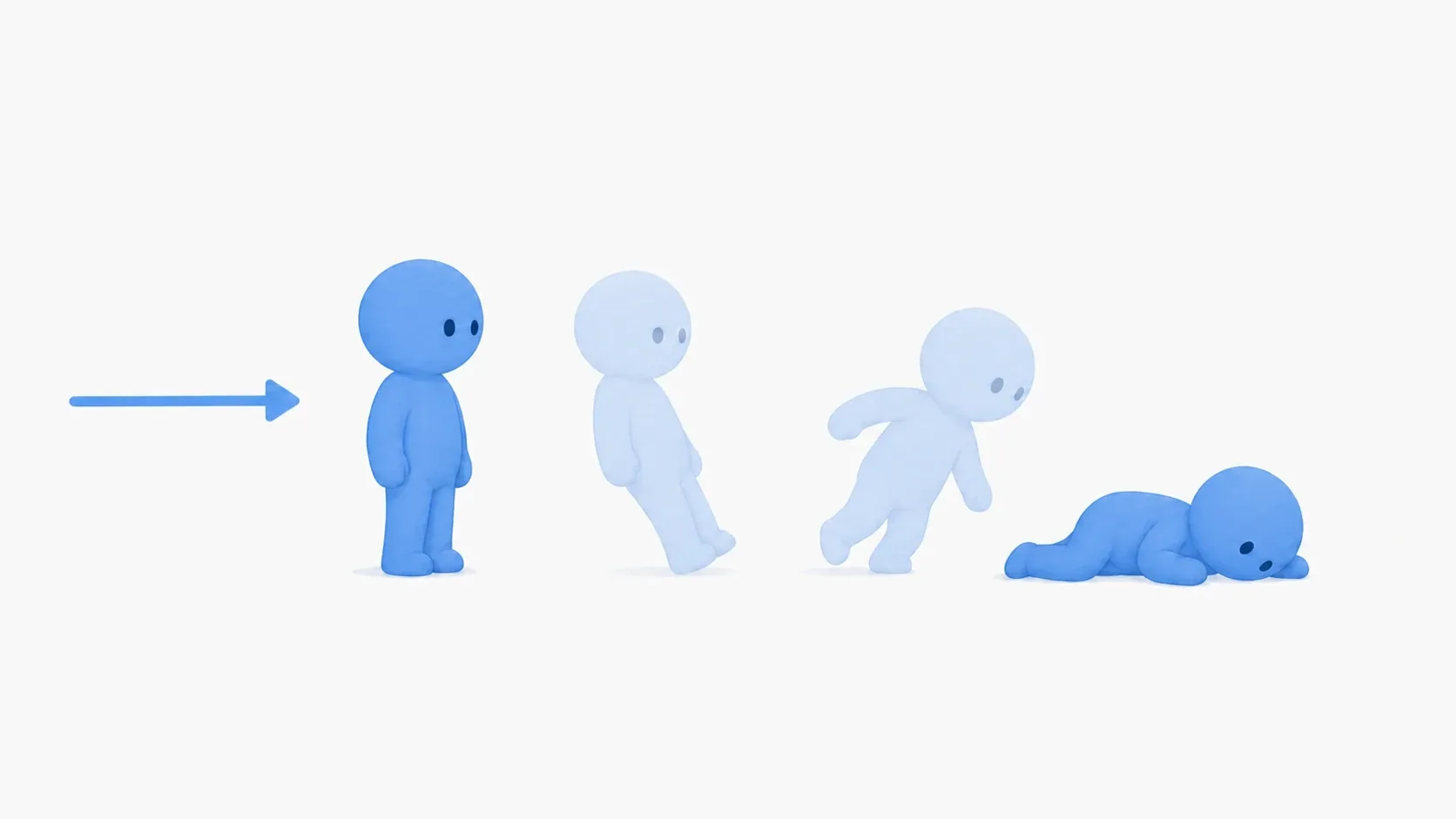 A ragdoll image of a shot enemy switching from animation to physics and collapsing in the attack direction, with a soft blue clay figure