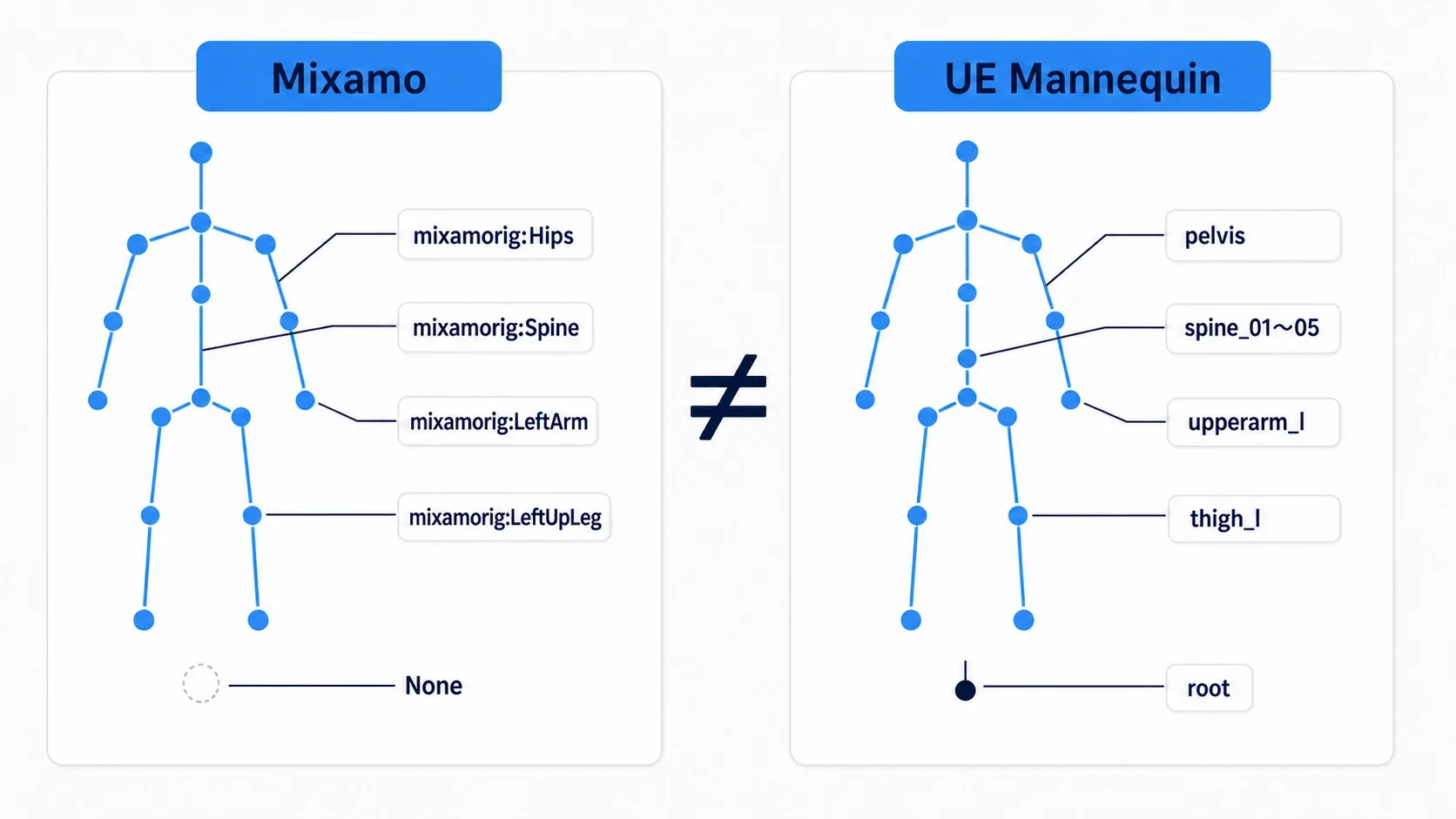 Diagram with Mixamo bone names on the left and UE mannequin bone names on the right, showing that both the names and the counts differ