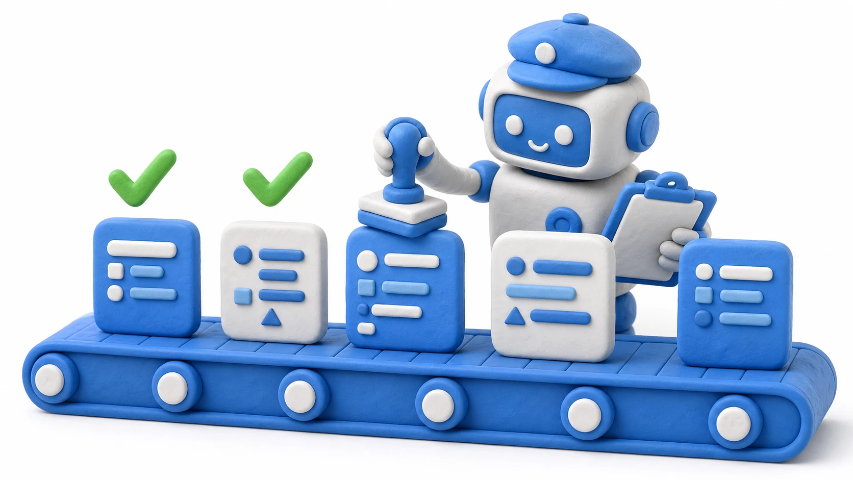 Illustration of testing: a robot inspector examines code blocks one by one, stamping each with a passing checkmark