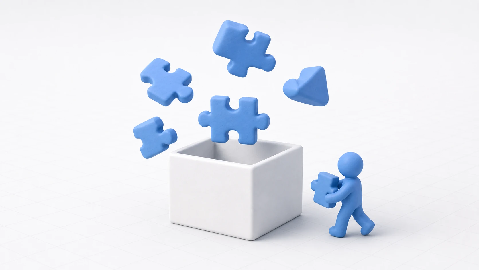 Conceptual image of GameObjects and components: puzzle-piece parts being slotted into an empty container box