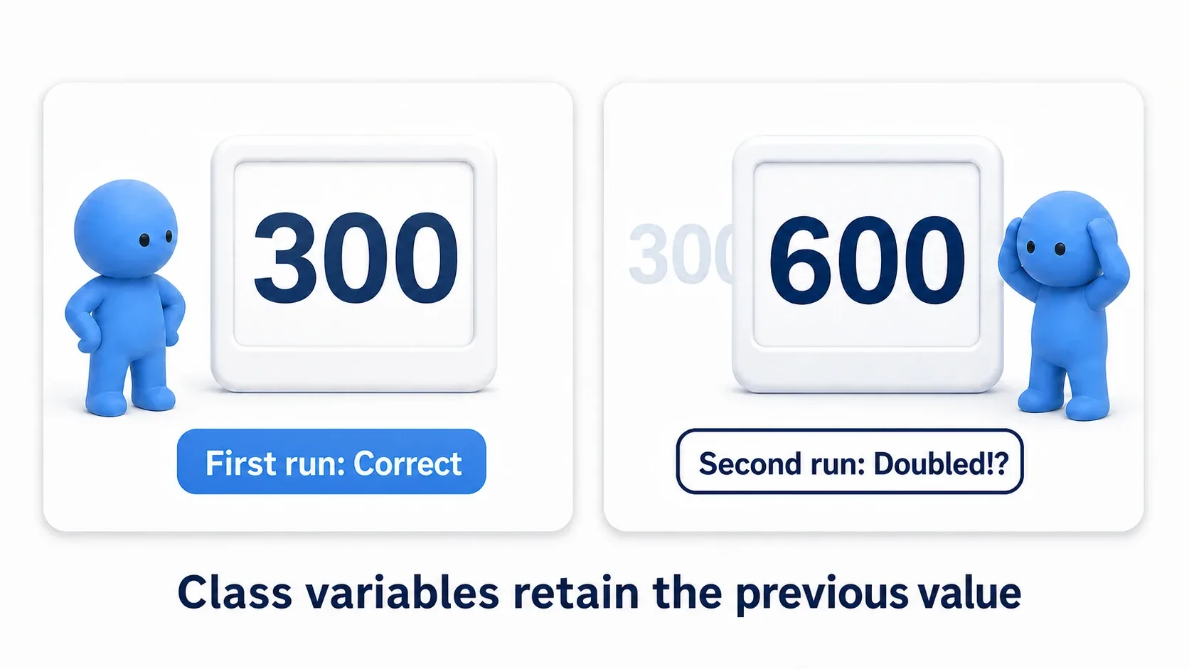 The first call correctly returns 300, but the second returns 600 because the Class variable still holds the previous value
