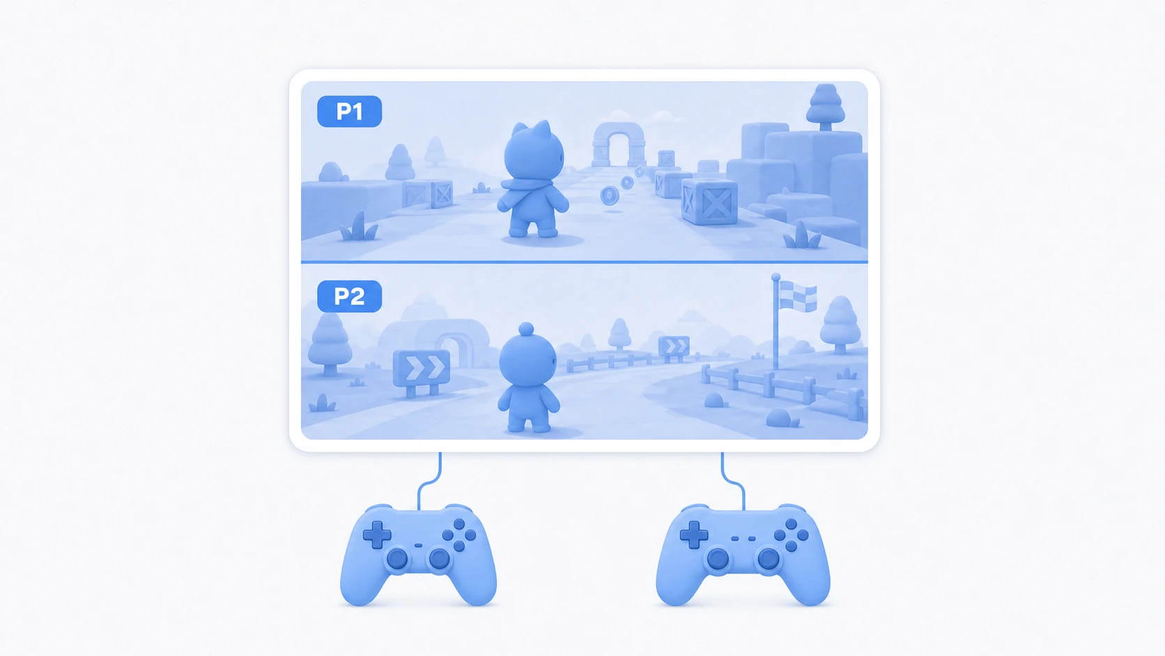 The idea of split-screen: one screen is divided top/bottom (or left/right), each showing player 1's and player 2's viewpoint. Each player controls their own character with a separate controller