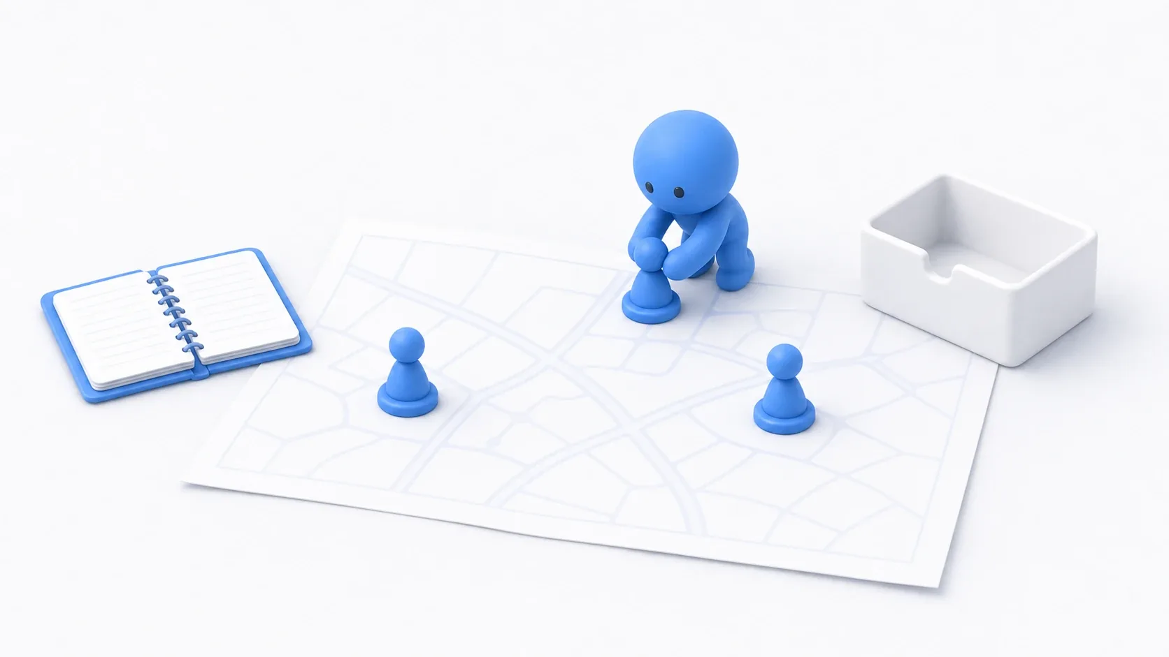 レベルの地図の上に台本と部品の駒を並べる人形。2種類のBlueprintのイメージ