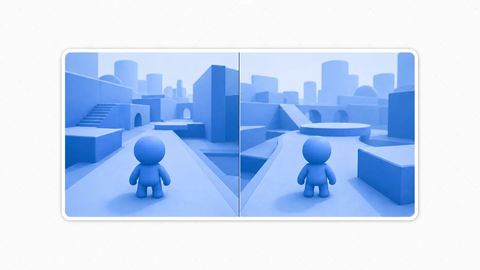 A split screen concept: one game world divided across two views, each showing a camera that follows its own player