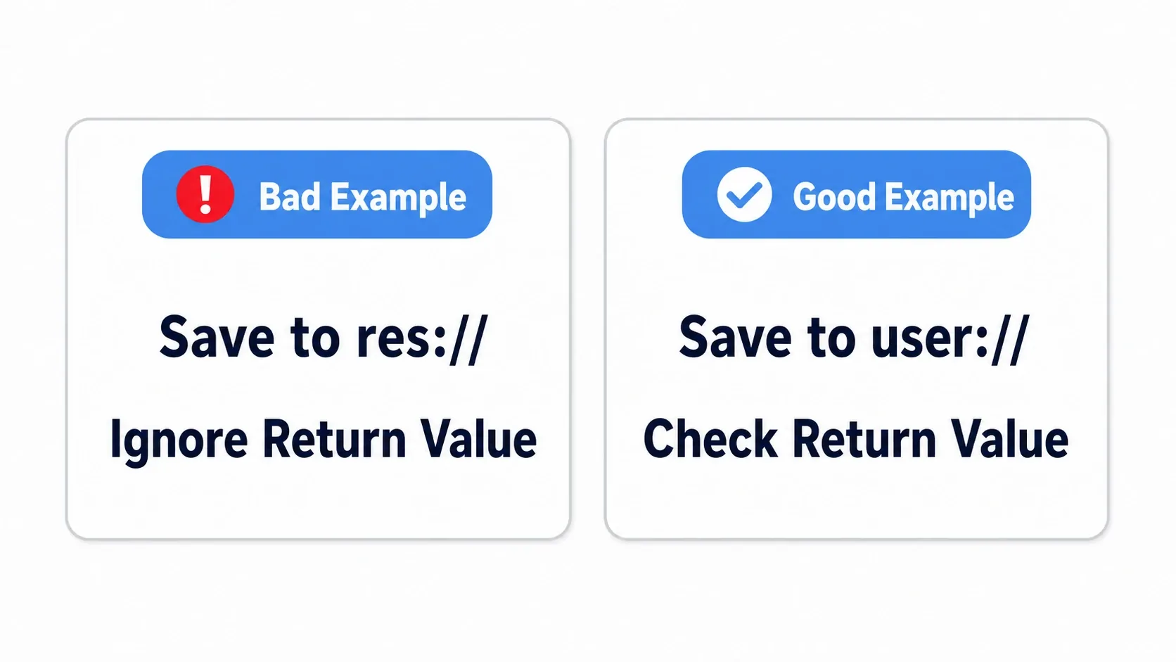 Common mistakes contrasted with fixes: bad examples on the left (saving to res://, ignoring return values) marked with warnings, good examples on the right (saving to user://, checking return values) marked with checks